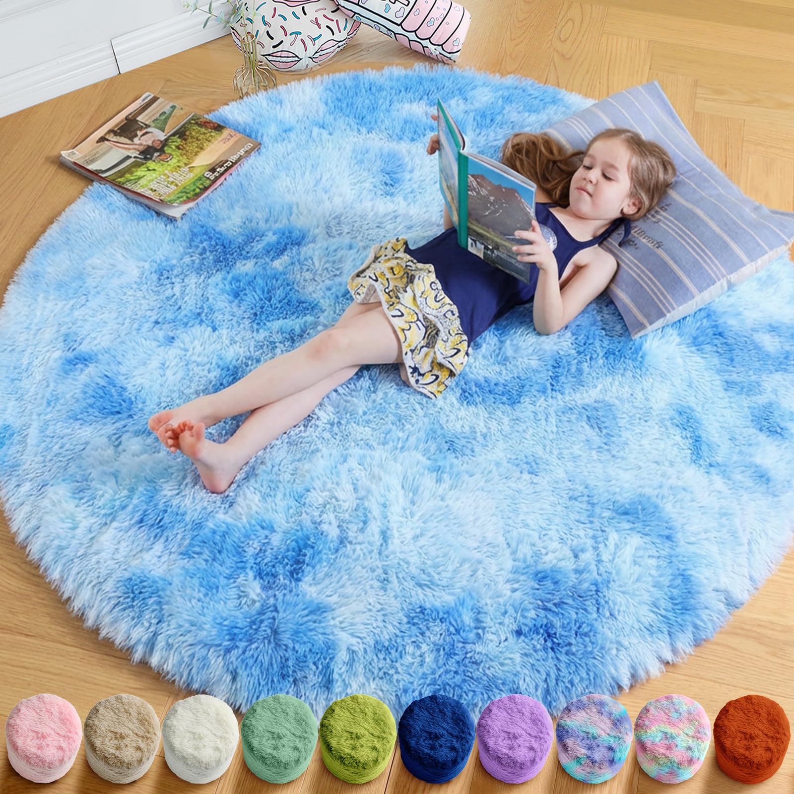 Amdrebio Tie-Dyed Light Blue Round Rug 4Ft for Girls Bedroom Baby Nursery — image 1
