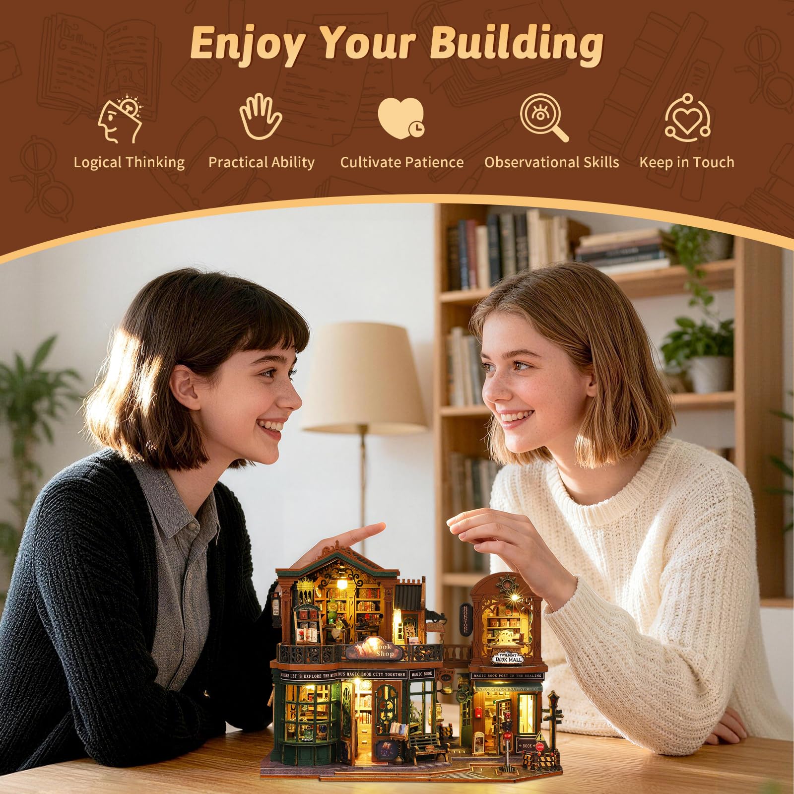 DIY Miniatur Haus, Mini 3D Holzpuzzle Puppenhaus Modell Set mit LED Spieluhr, Twilight Book City Tiny Haus Bücherregal Deko Bastelset, Geburtstag Geschenk für Erwachsene Frauen Männer