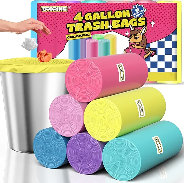 T.FORING 150 Count 4 Gallon Small Trash Bags - Colored Bathroom Garbage Bags Unscented Leak-proof, 15 Liter Plastic Wastebasket Can Liners for Office Bedroom Toilet and Car