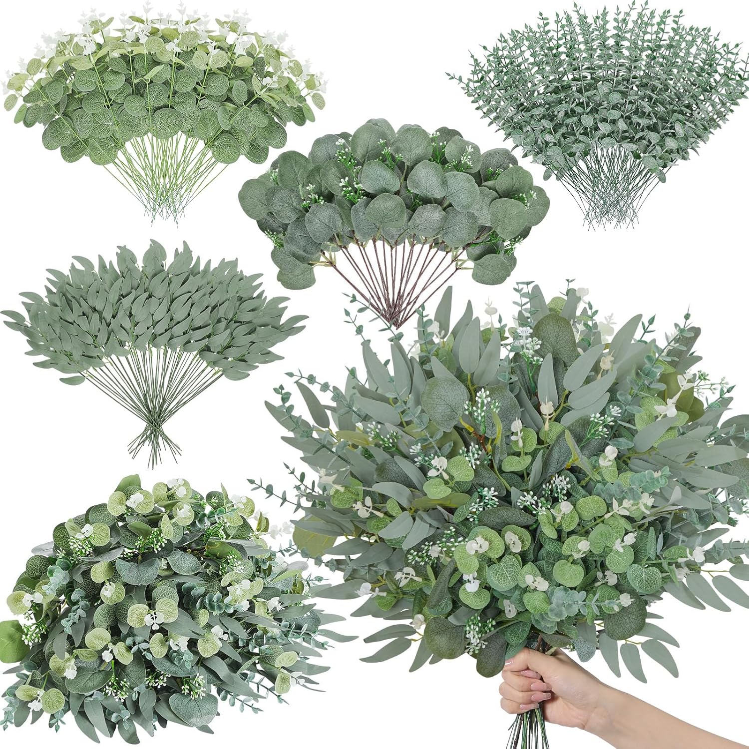 Serwalin 200pcs Artificial Mixed Eucalyptus Leaves Stems Bulk, 4Kinds Silver Dollar Eucalyptus Leaves Picks,Faux Eucalyptus Stems Sprays for DIY Bouquets Floral Arrangement Home Decor