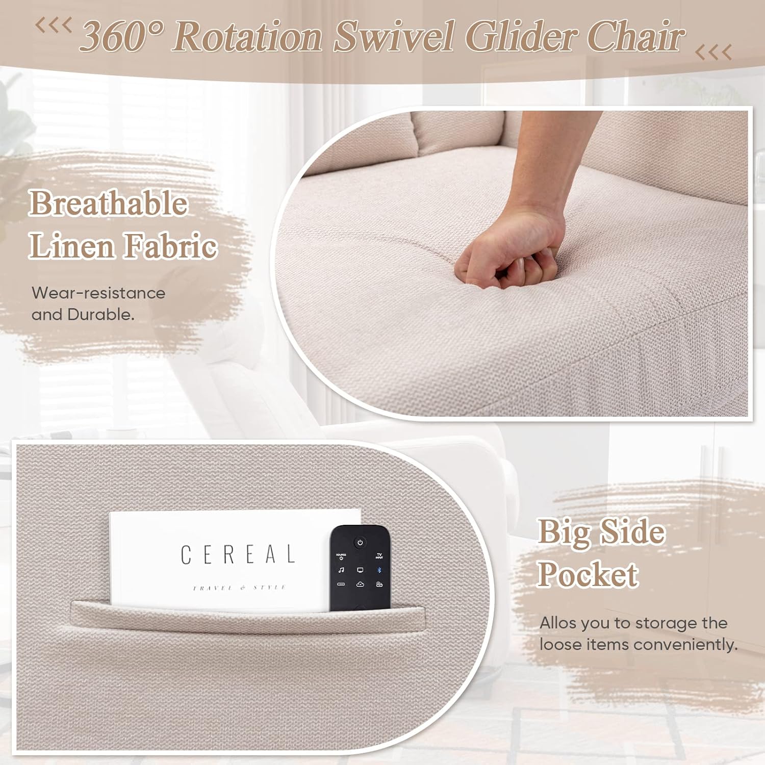 Close-up of the chair's fabric and side pocket