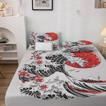 Japanese Wave Sheets Twin XL Sheet Set, Black and Red Bed Sheets, Hokusai Bedding Bedroom Decor, Soft Microfiber Deep Pocket Fitted Sheet & Flat Sheet & 1 Pillowcase