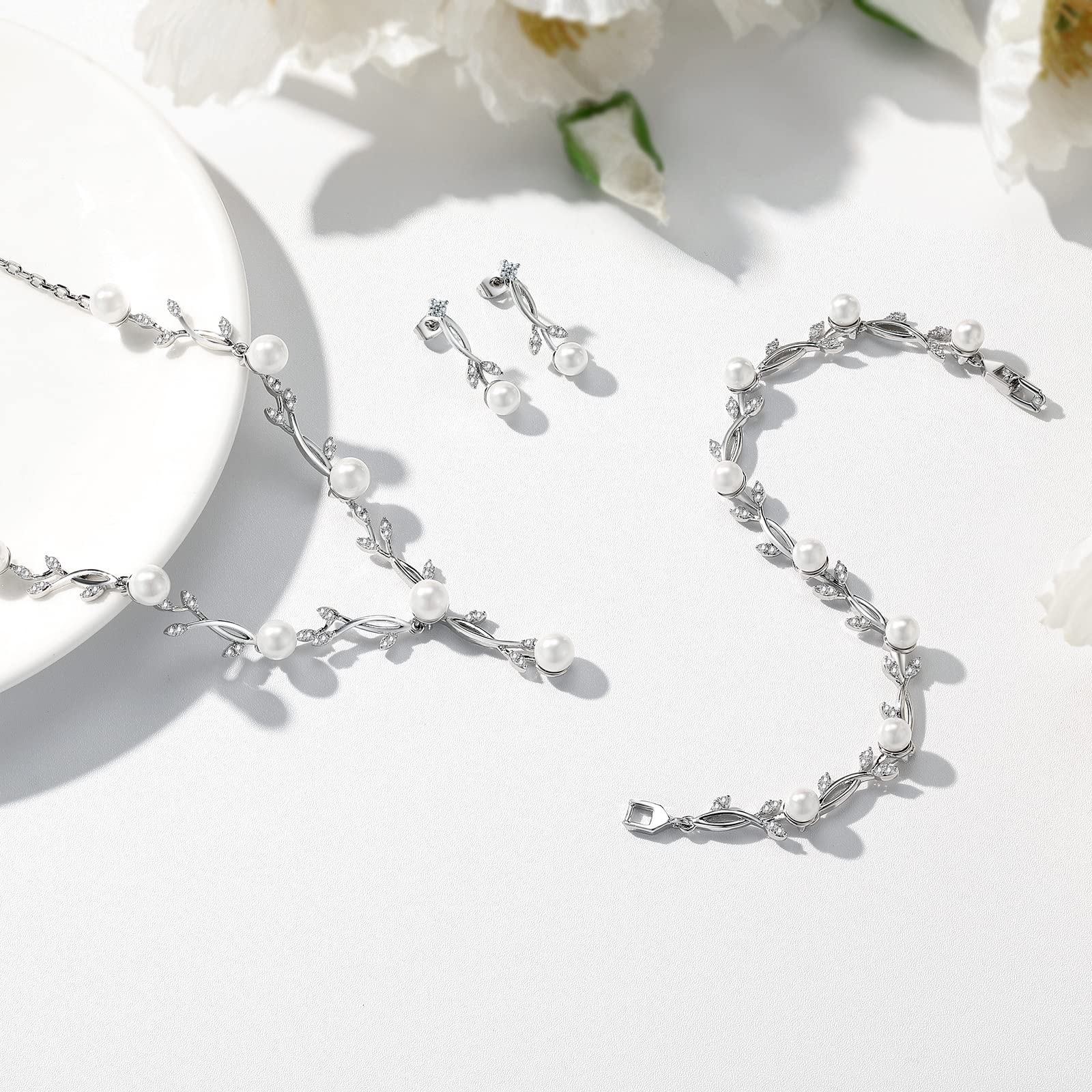 Hochzeit Schmuckset Silber Damen, Halskette Armband Ohrringe in Form eines Blattes mit Perlen und Zirkonia, Hochzeitstag Geschenke für Braut Frauen