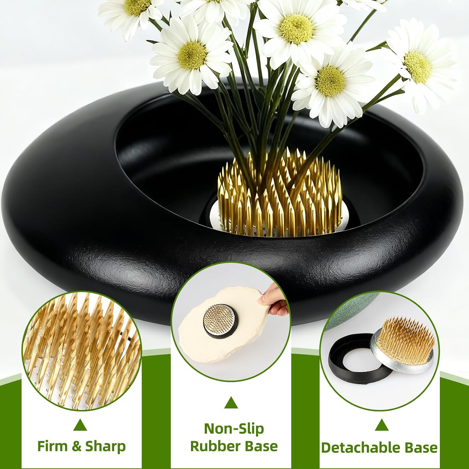 Flower Frog Vase Kit, 2-Inch Brass Florist Frog for Arrangements and Ceramic Water Drop Pot, Elegant Ikebana Flower Holder for Cut Flowers, Floral Decor Kit (Black Large Size)