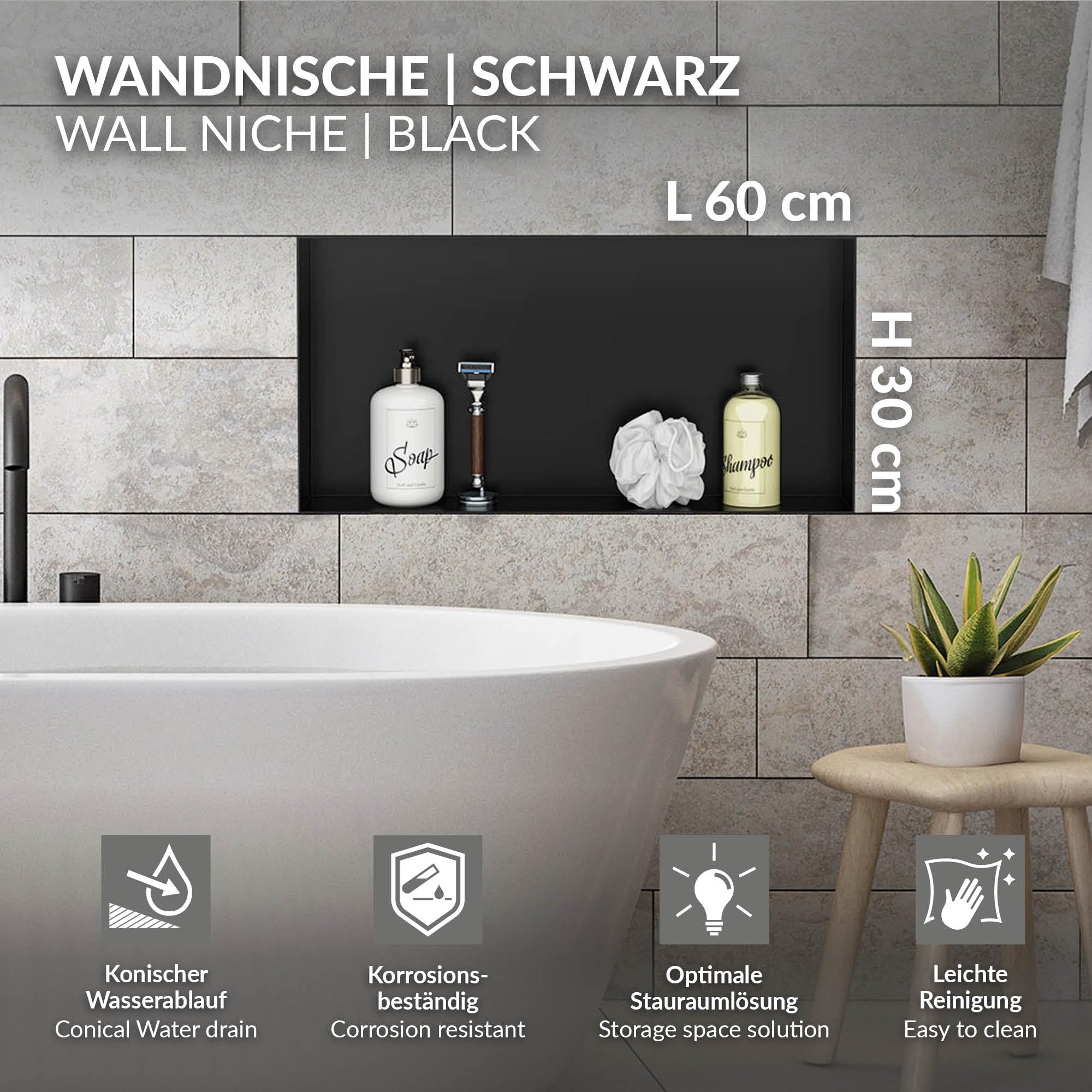 LuxeBath Nicho de Ducha de Acero Inoxidable 60x30x10cm cm Negro Marco de Pared Empotrado Alicatable Estante Integrado Instalación Flexible para Almacenamiento Organizador de Utensilios para Baño