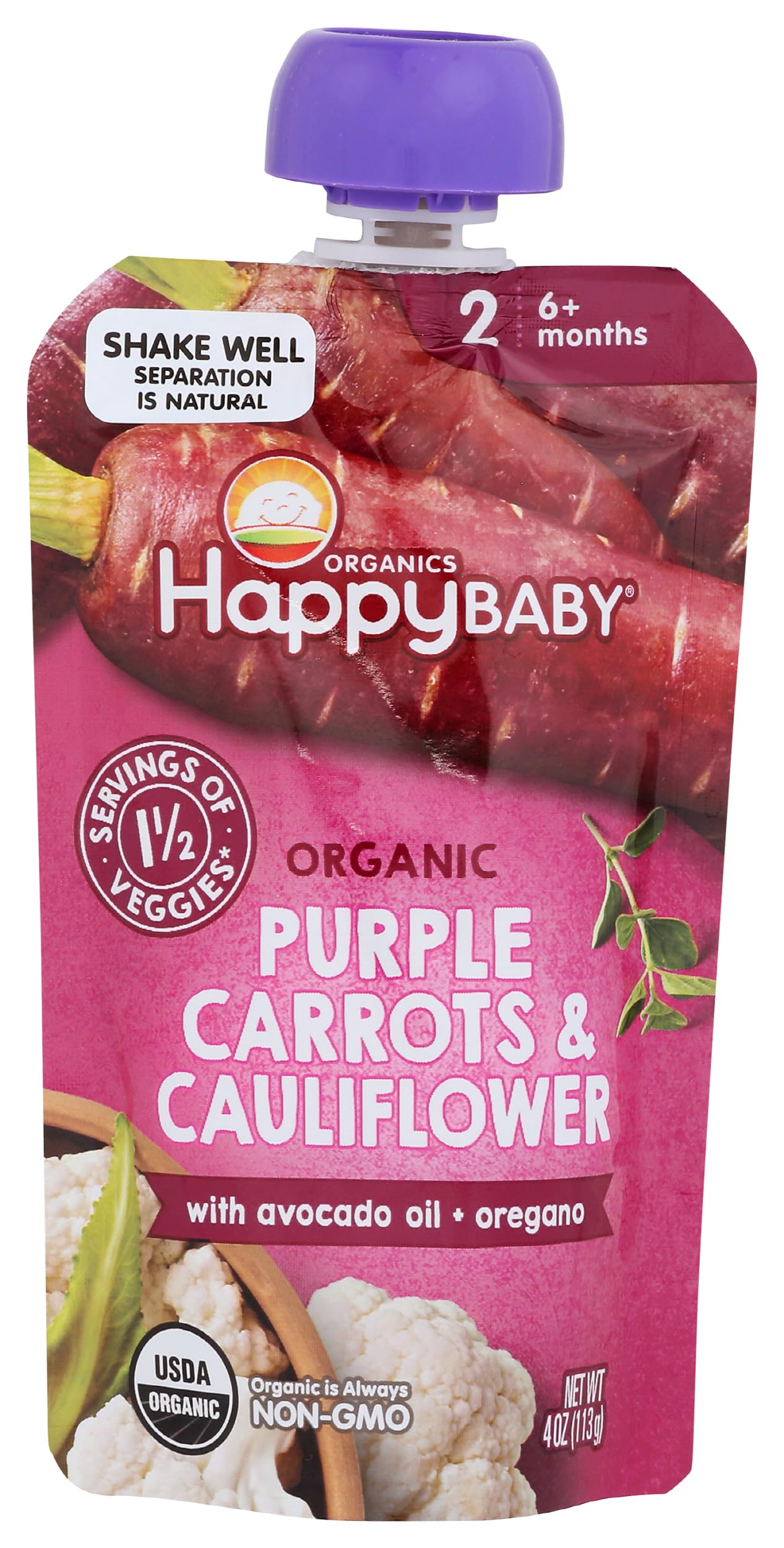 Photo 1 of 12 Pack Happy Baby Organic Purple Carrots & Cauliflower Baby Food, 4 OZ