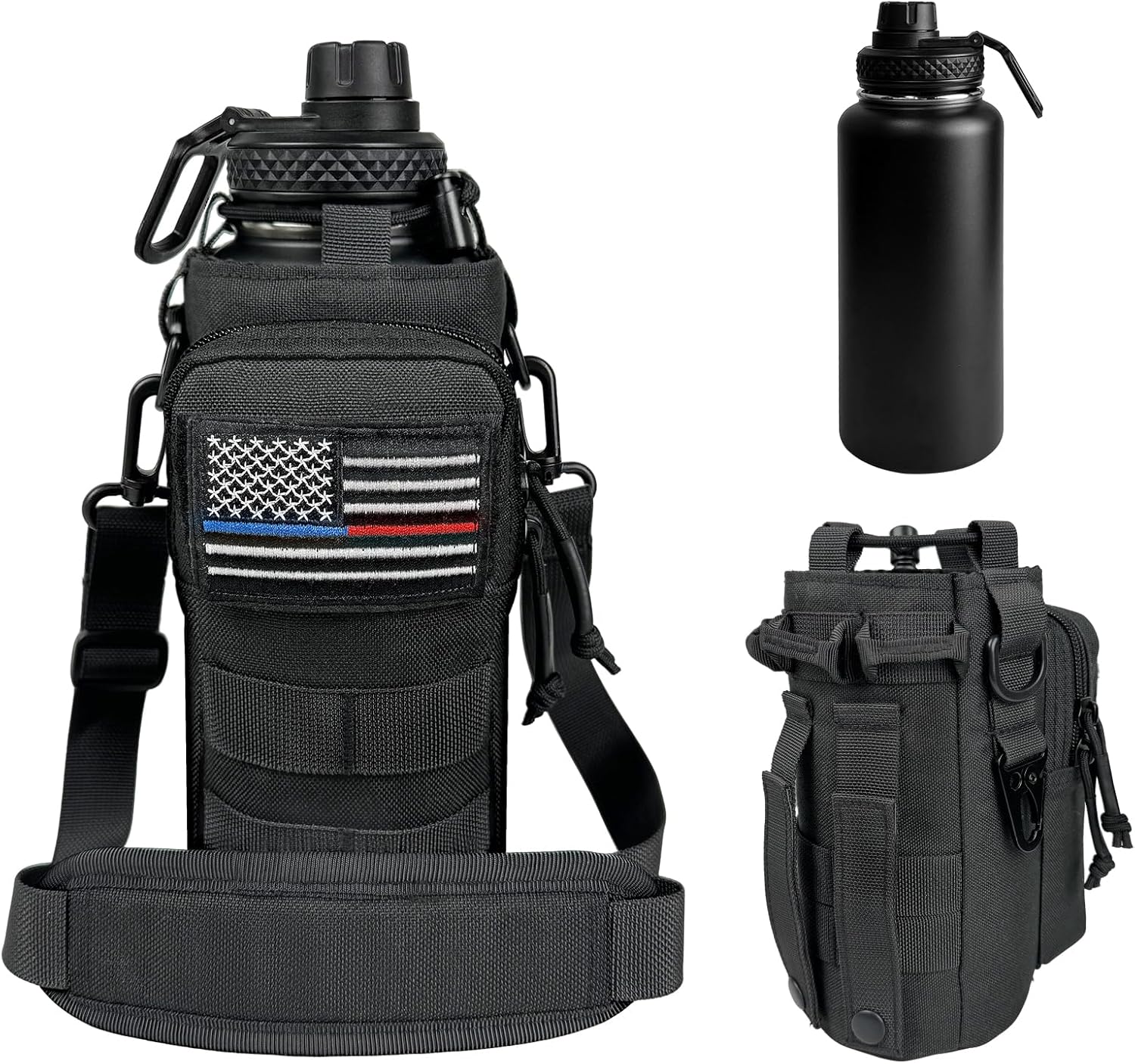 Botella de agua aislada de 32 onzas, jarra de agua negra militar de acero inoxidable con manga, botellas de agua para gimnasio para hombres,