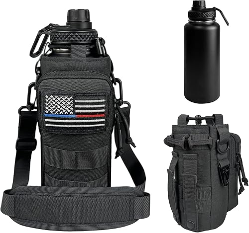Botella de agua aislada de 32 onzas, jarra de agua negra militar de acero inoxidable con manga, botellas de agua para gimnasio para hombres,