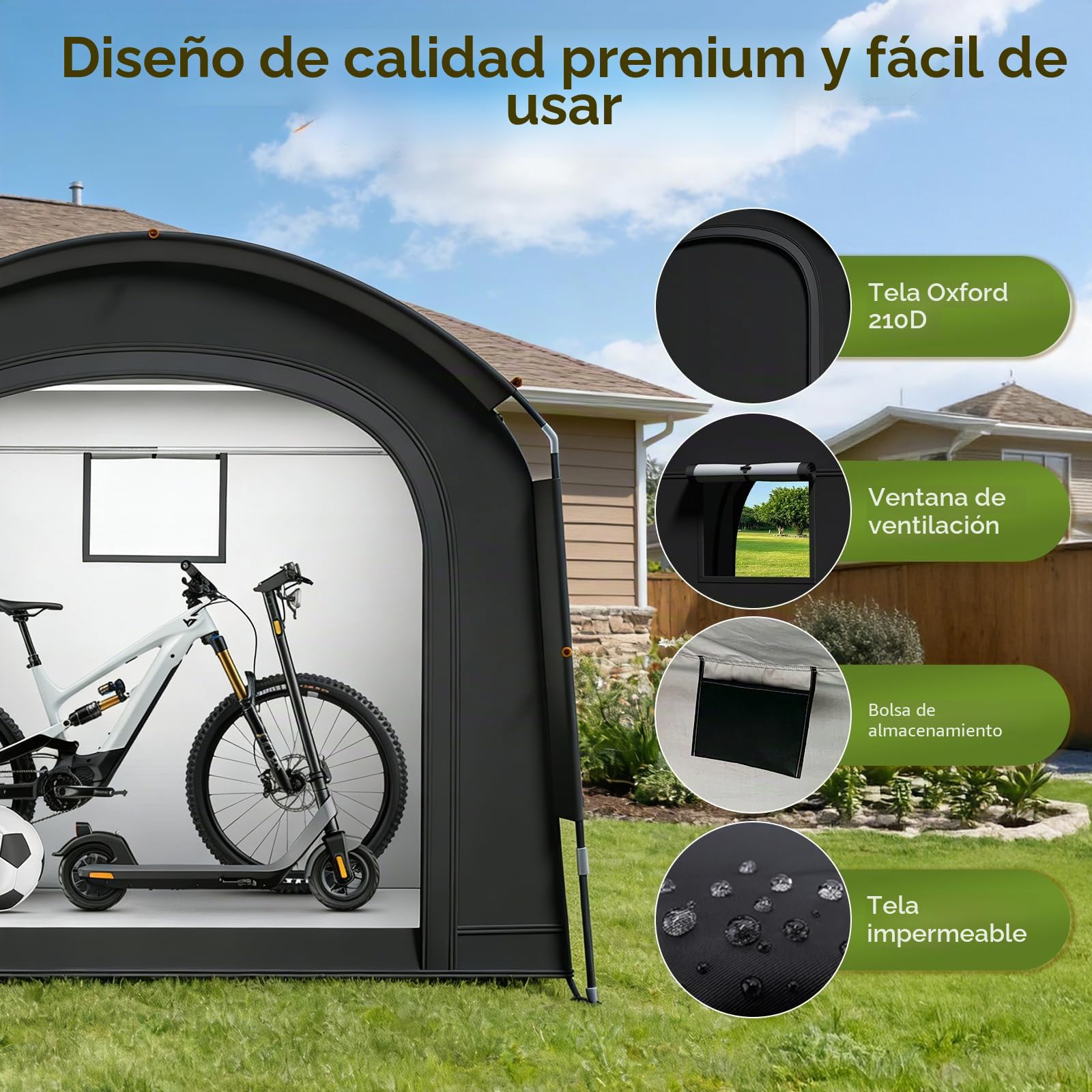 Tienda de campaña para 2 – 3 bicicletas, garaje portátil para bicicletas 200 x 80 x 165 cm, con tejido Oxford 420D PU4000, resistente al agua, portátil, camping, tienda auxiliar para bicicleta, garaje