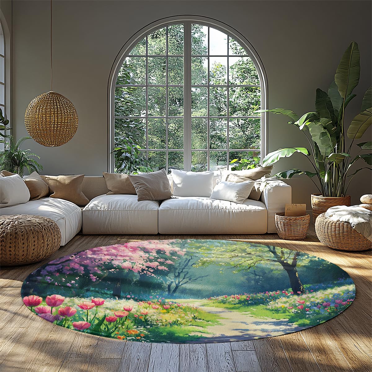 Tapis de zone 200cm rond antidérapant bas profil à fleurs de tulipes roses lavables