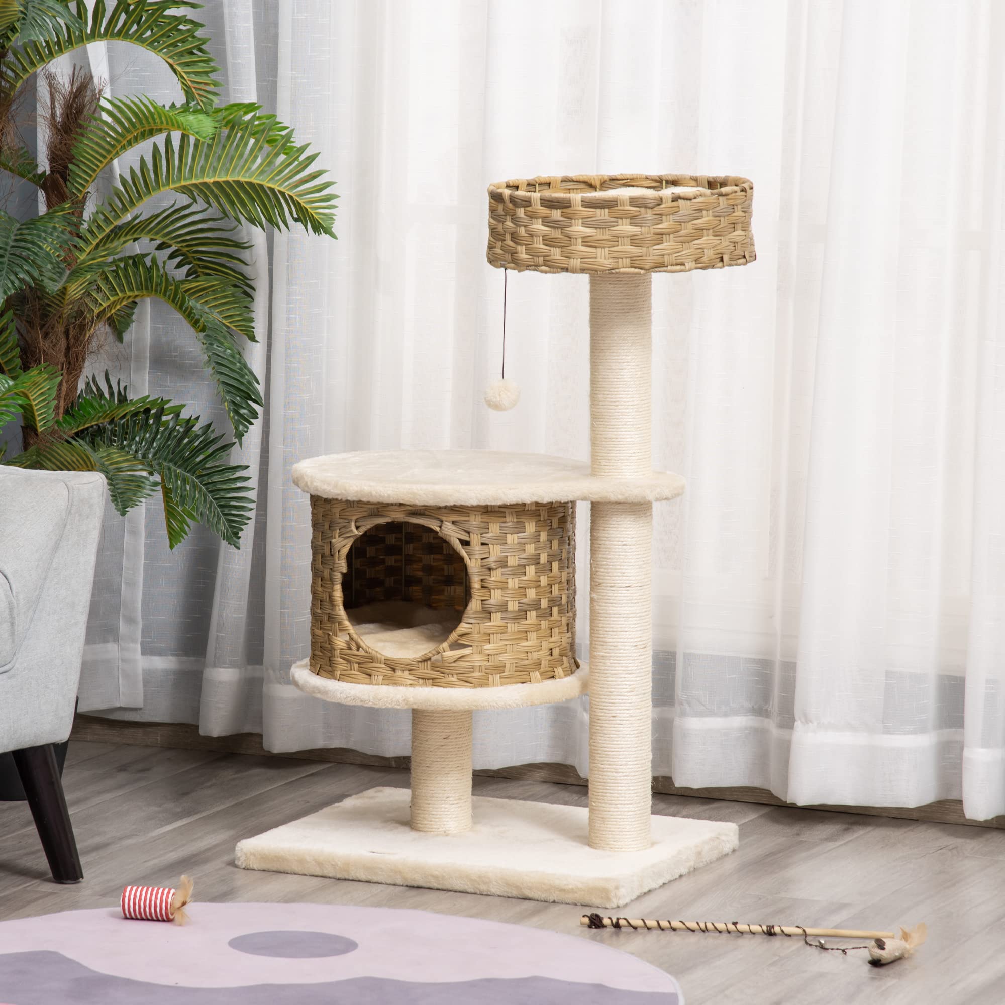 PawHut Kratzbaum 95 cm Katzenturm mit Höhle, Spielball, Sisalstämme, große Plattform, mehrstöckiger Katzenkratzbaum, Kletterbaum, für Katzen unter 5 kg, Natur+Beige