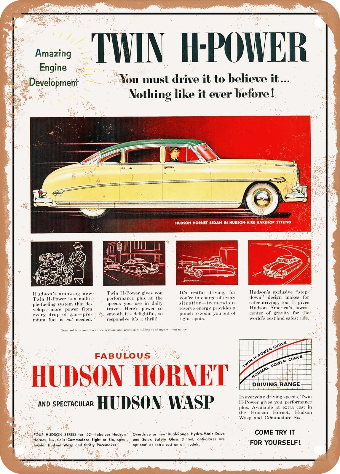 Miaomansenstore Metal Sign - 1952 Hudson Hornet Sedan Vintage Ad Home Decor