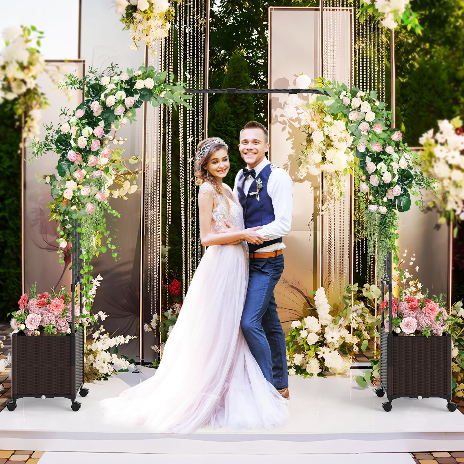 HOMASIS 2 en 1 Arco de Jardín y Maceteros, 288 x 40 x 202 cm, Pérgola Rosas con Ruedas para Plantas Trepadoras, Sistema de Autorriego, Decoración Exterior y Soporte de Boda, Fiesta, Negro