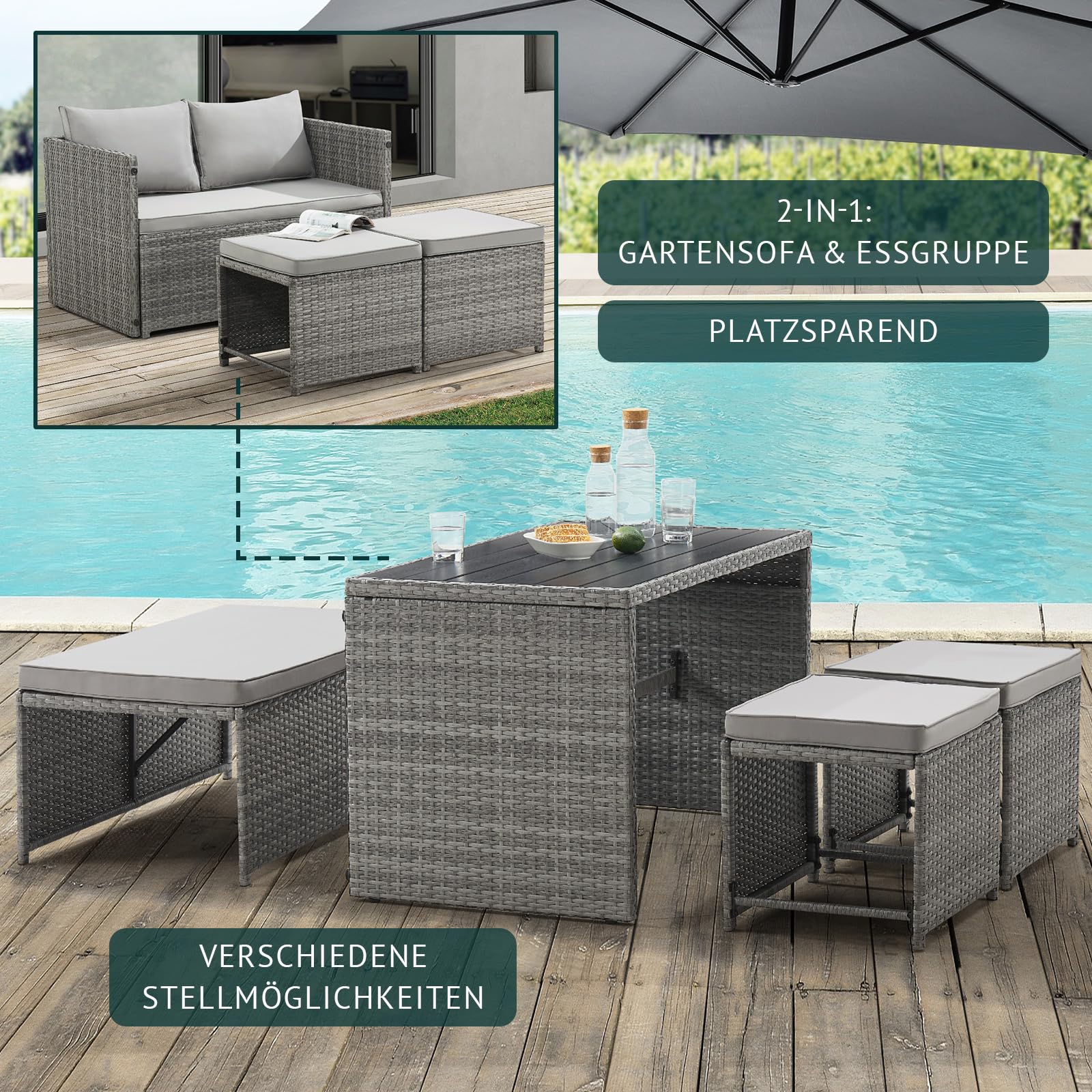 SVITA ATHINA 2in1 Sitzgruppe Outdoor Rattanlounge Balkon Essgruppe Gartenmöbel Set Gartenlounge klein Balkonmöbel Polyrattan Grau
