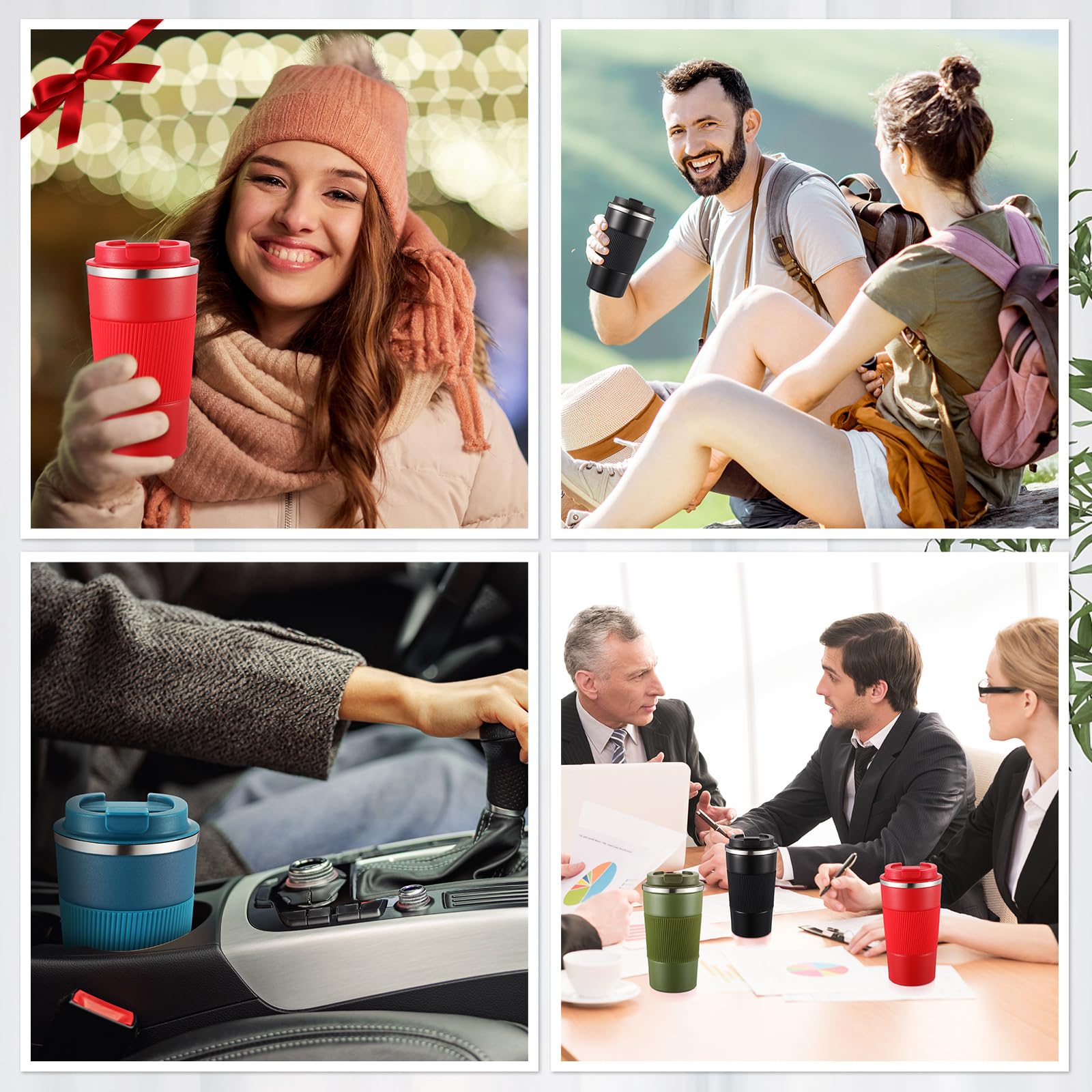 Sabary Reisebecher aus Edelstahl, vakuumisoliert, doppelwandig, Thermo-Kaffeetasse mit Deckel, für Wintergetränke, Weihnachten, Mitarbeitergeschenk, 4 Stück