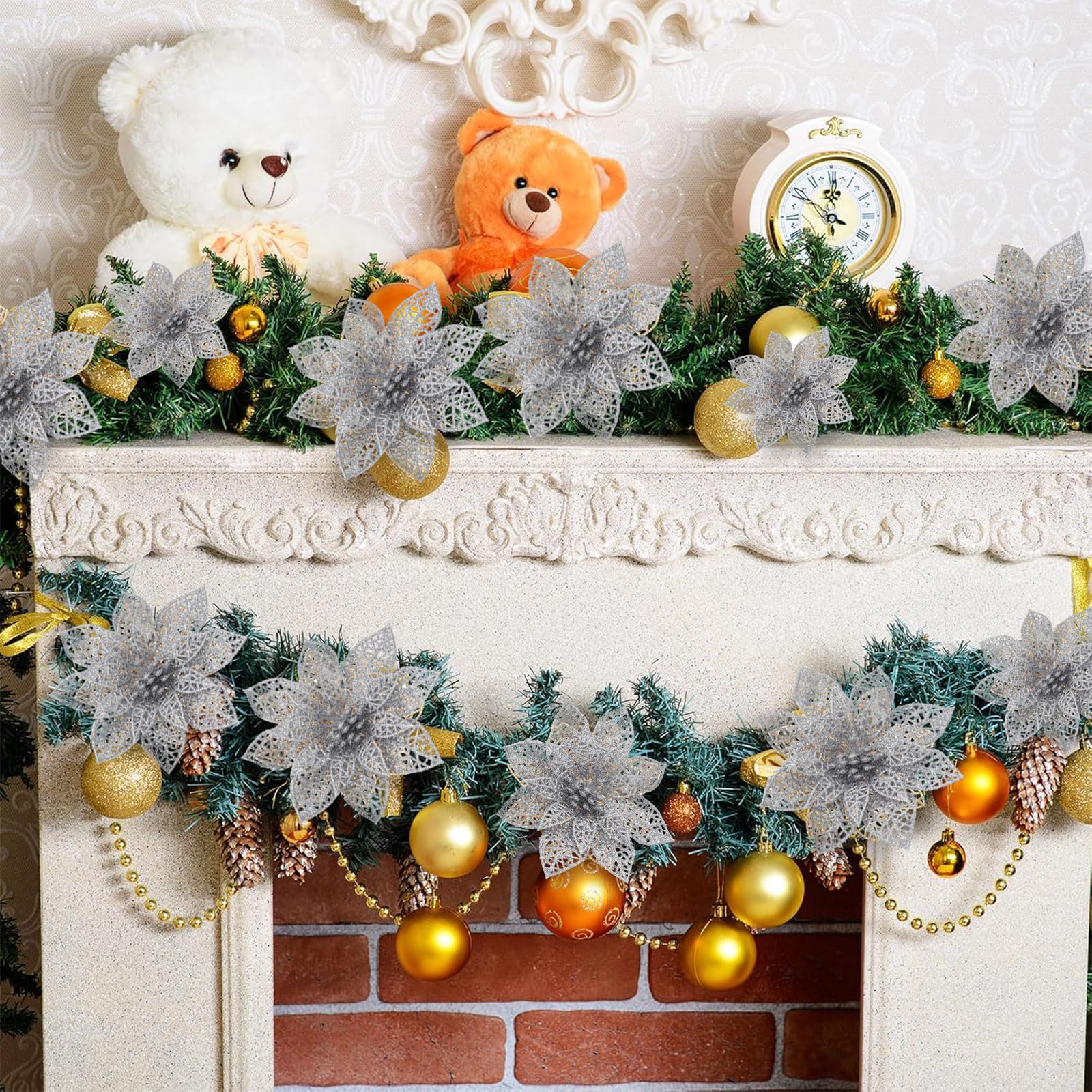 EnixwH 24 Stück Blumen Weihnachtsbaum, Blumen für Weihnachtsbaum Glitzer