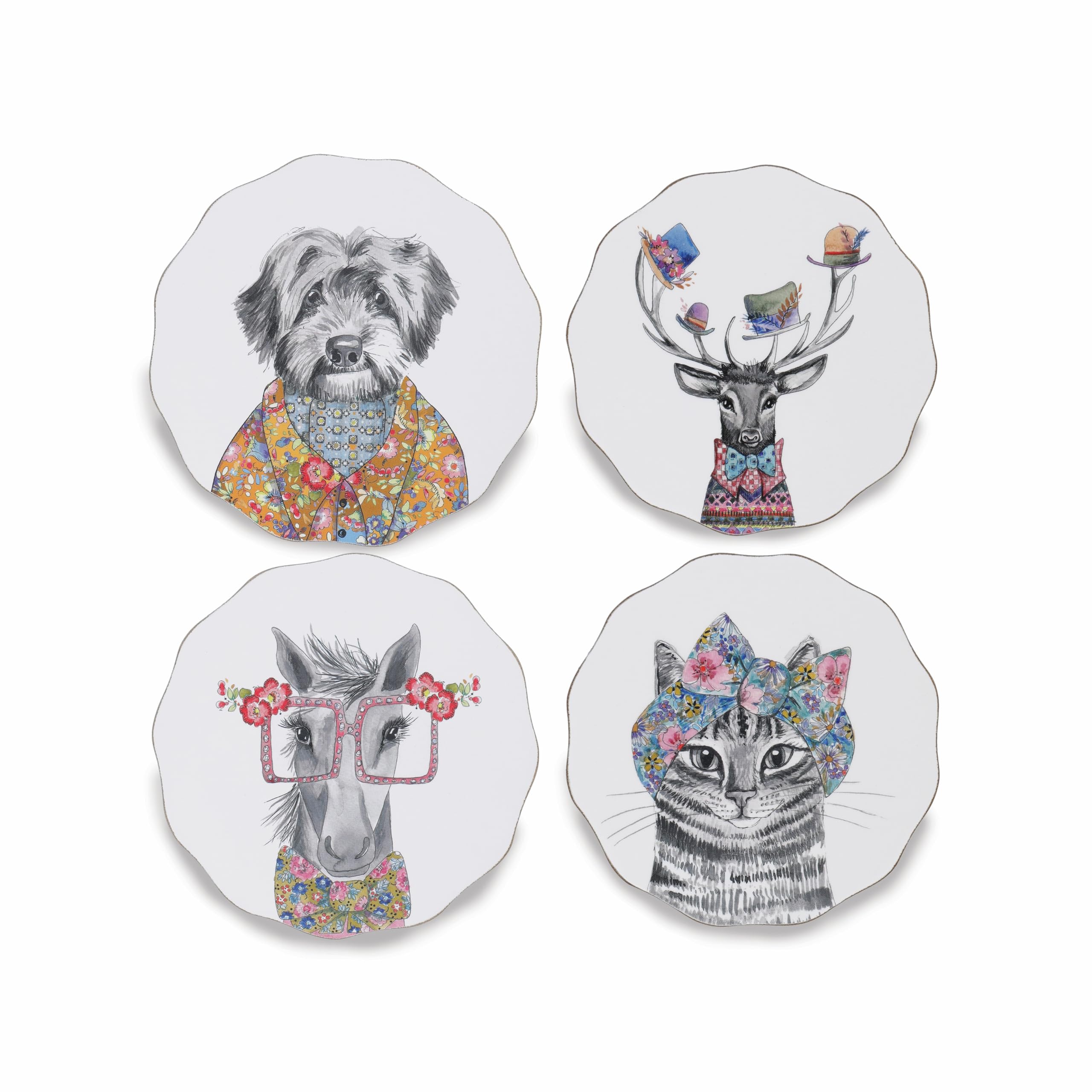 Mikasa x Tipperleyhill Coasters, 4pc Coaster Set with Scalloped Design, Table Protectors for Drinks, Heat Resistant to 120°C, Animal Print, 12cm, Gift Boxed