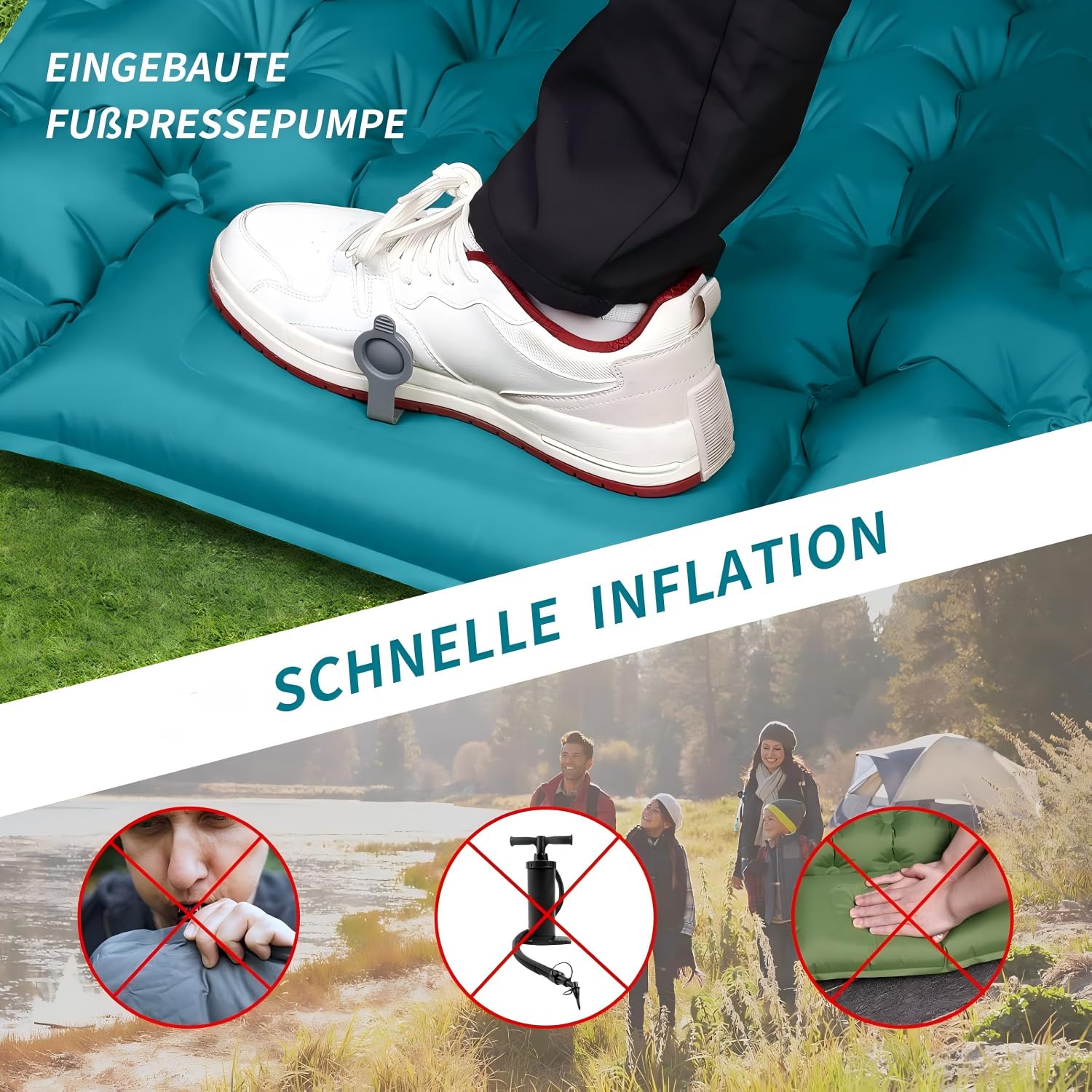 ERWEY Camping Isomatte 200x70 cm Aufblasbare Luftmatratze mit Fußpumpe & Kissen Wasserdicht Isomatte Camping Luftmatratze Aufblasbare Matratze Outdoor für Wandern Strand Zelt, Cyan