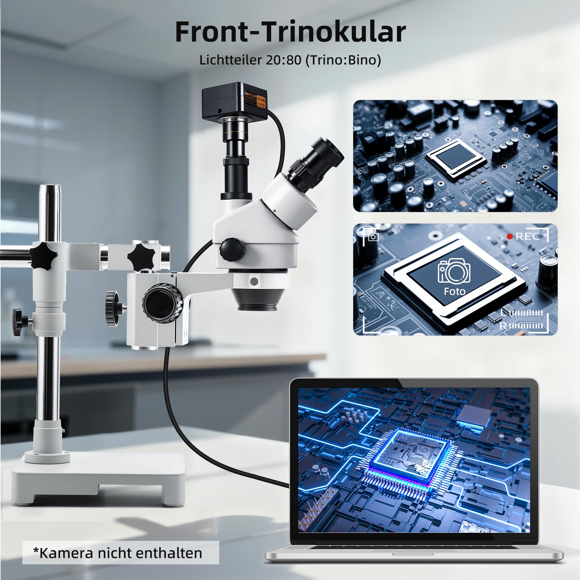 SWIFT S7-TS520-EA10-144 trinokulares Stereo-Zoommikroskop (Greenough) 3,5–90×, stufenloser Zoom 0,7–4,5×, Boom-Stativ, 144-LED Ringlicht dimmbar, φ23,2mm Kameraadapter