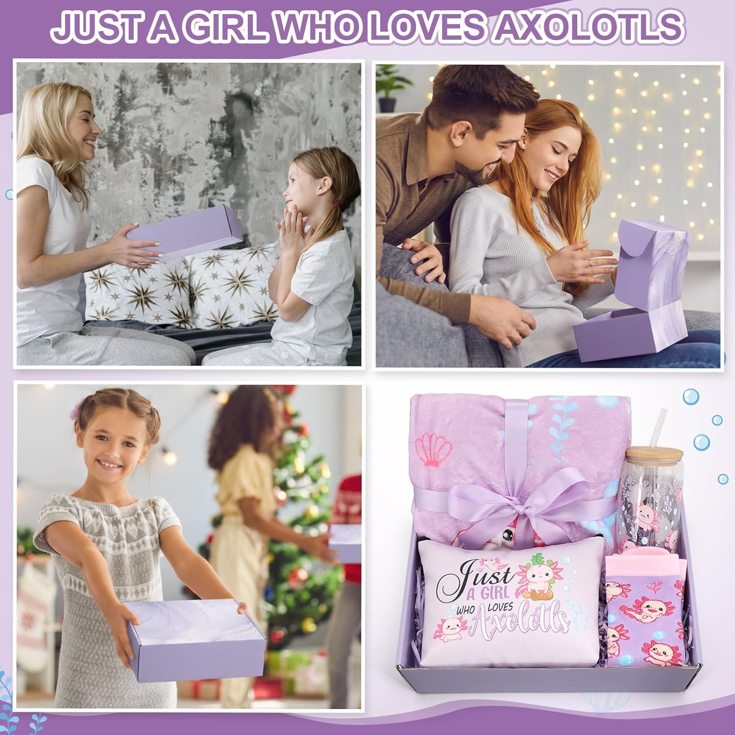 4 Pcs Axolotl Gift Set for Women Girls Mexican Salamander Stuff with Flannel Blanket, Novelty Socks, 16 oz Glass Jar Tumbler and Cosmetic Bags for Axolotl Lover Birthday Gift(Purple) - Image 6
