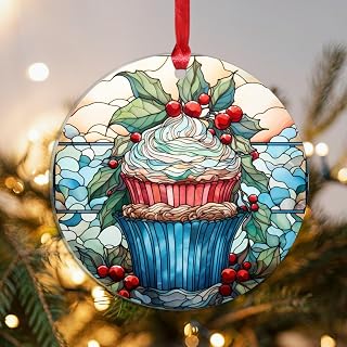 Stained Glass Christmas Cake Christmas Acrylic Ornament Winter Decorative Round Christmas Ornament 3 Inch with Hole Christmas Decor Colorful Christmas Decoration for Couple Gift