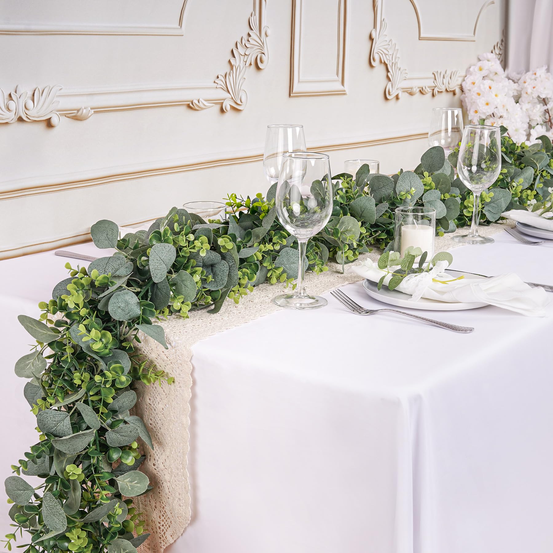 YOUNGLEAVES Künstliche Eukalyptus-Girlande, 8 Stück, künstliche grüne Girlande, Ranken, hängende Eukalyptusblätter für Hochzeit, Hintergrund, Bogen, Wanddekoration, Tafelaufsatz für den Außenbereich