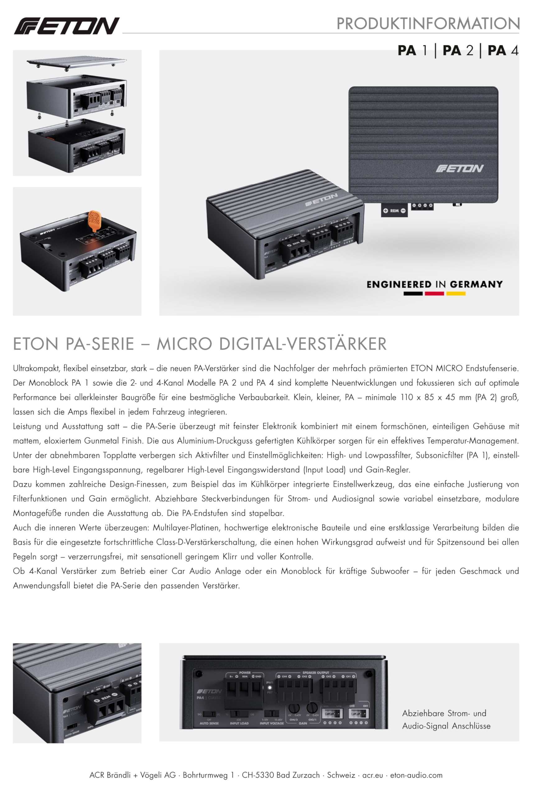 ETON PA 2 – ultra kompakter 2 Kanal Verstärker, leistungsstarke digitale Micro Endstufe für Autos und Reisemobile, Class D Amp mit 2 x 85 Watt
