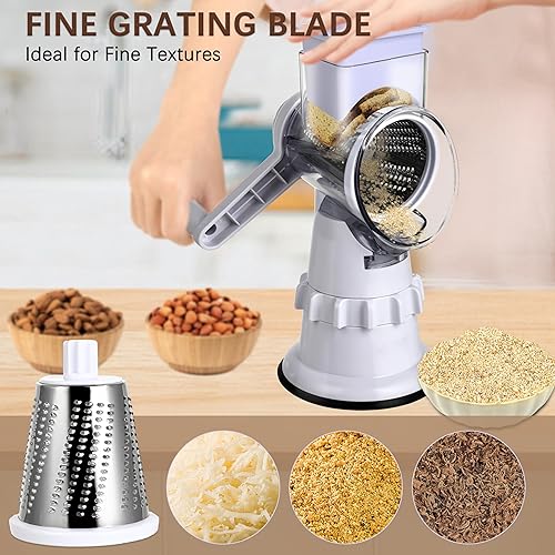 Miniatura 5 de Rallador giratorio de queso, manivela de mano, rebanadora de verduras con 3 cuchillas, succión estable, mango que ahorra trabajo, trituradora de