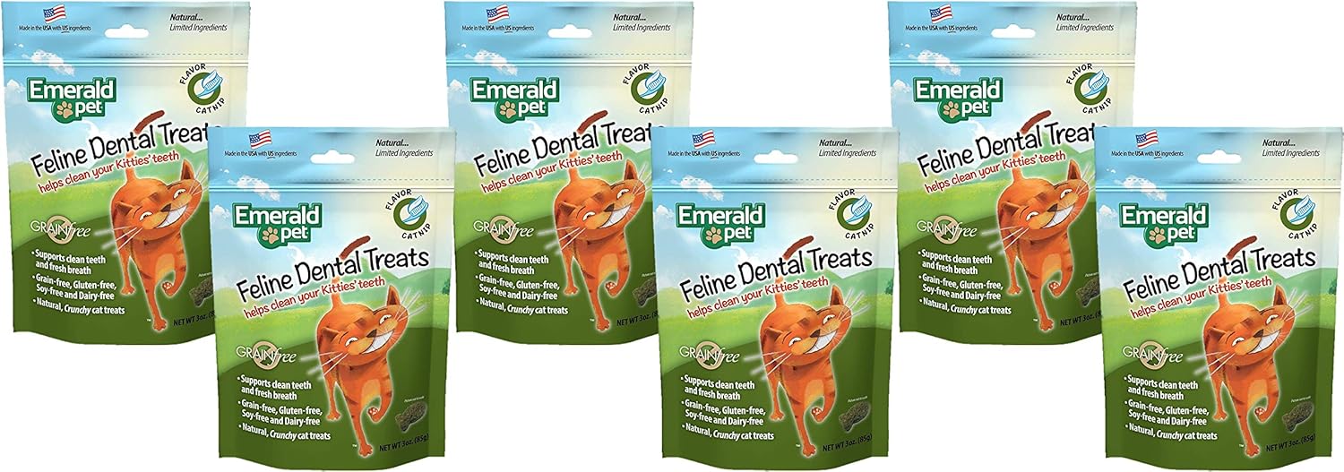 Emerald Pet 6 Pack of Catnip Feline Dental Treats, 3 Ounces Each, Grain-Free Cat Treats Made in The USA