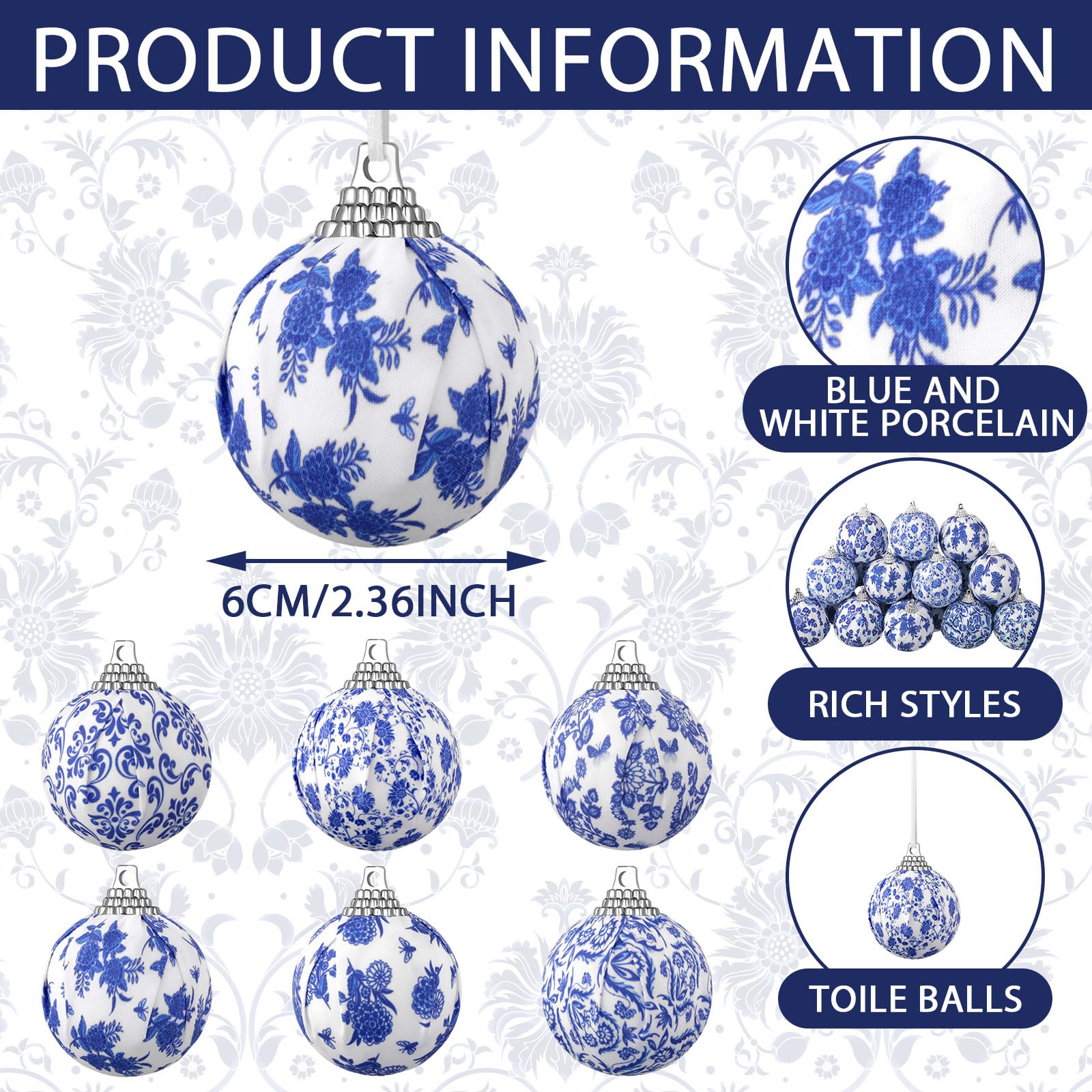 Liliful 24 Pcs Chinoiserie Christmas Ornaments Blue and White Chinoiserie Omament Blue Christmas Hanging Omament for Small Xmas Tree Decoration Wedding Holiday Party Yard Home Supplies - Image 2