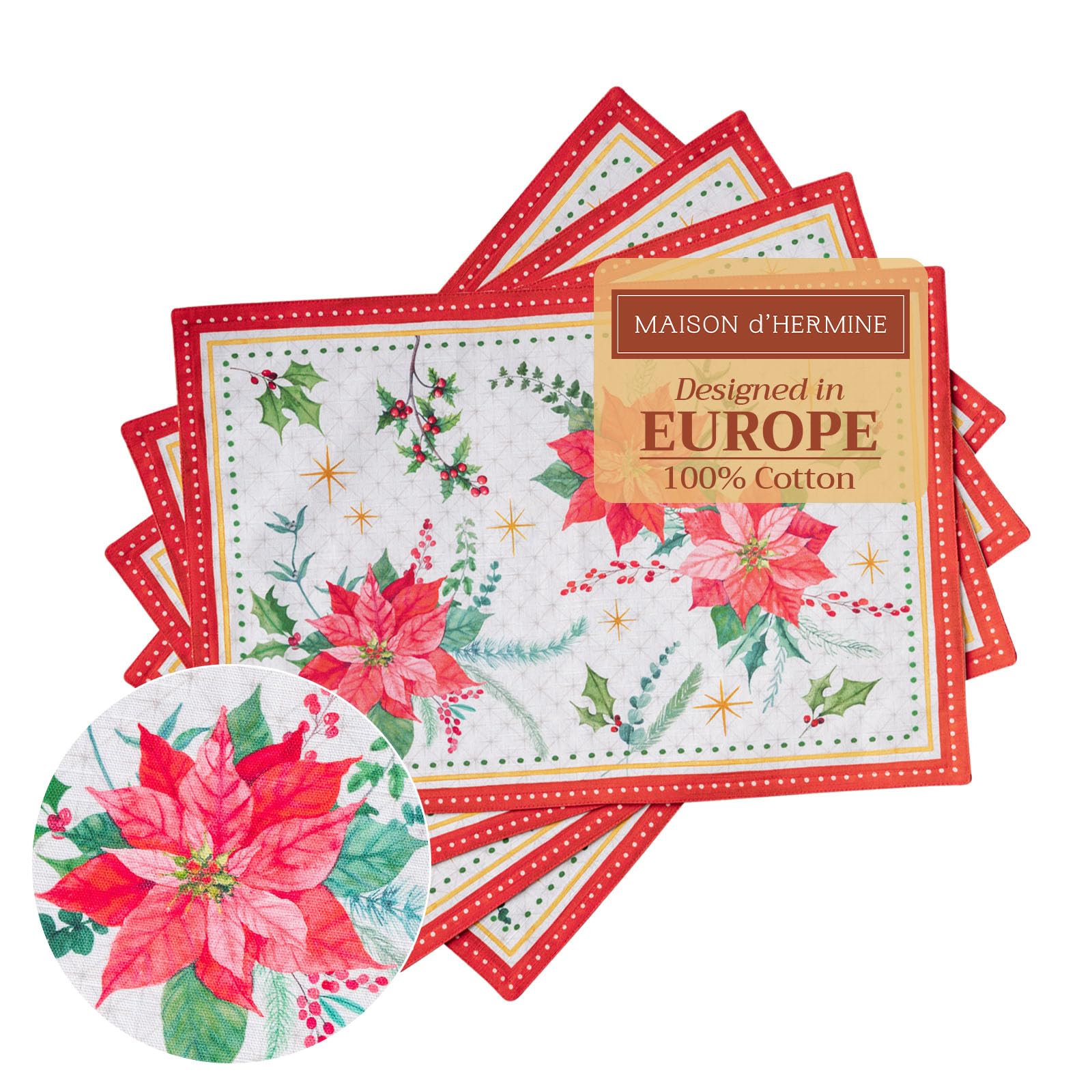 Maison D' Hermine 093 - Poinsettia Christmas Placemats Set Of 4 100% Cotton Washable Cloth Place Mats, Reusable Table Mats For Christmas Decorations Kitchen Dining Party Wedding Restaurant (Poinsettia Christmas, 33 Cm X 48 Cm)