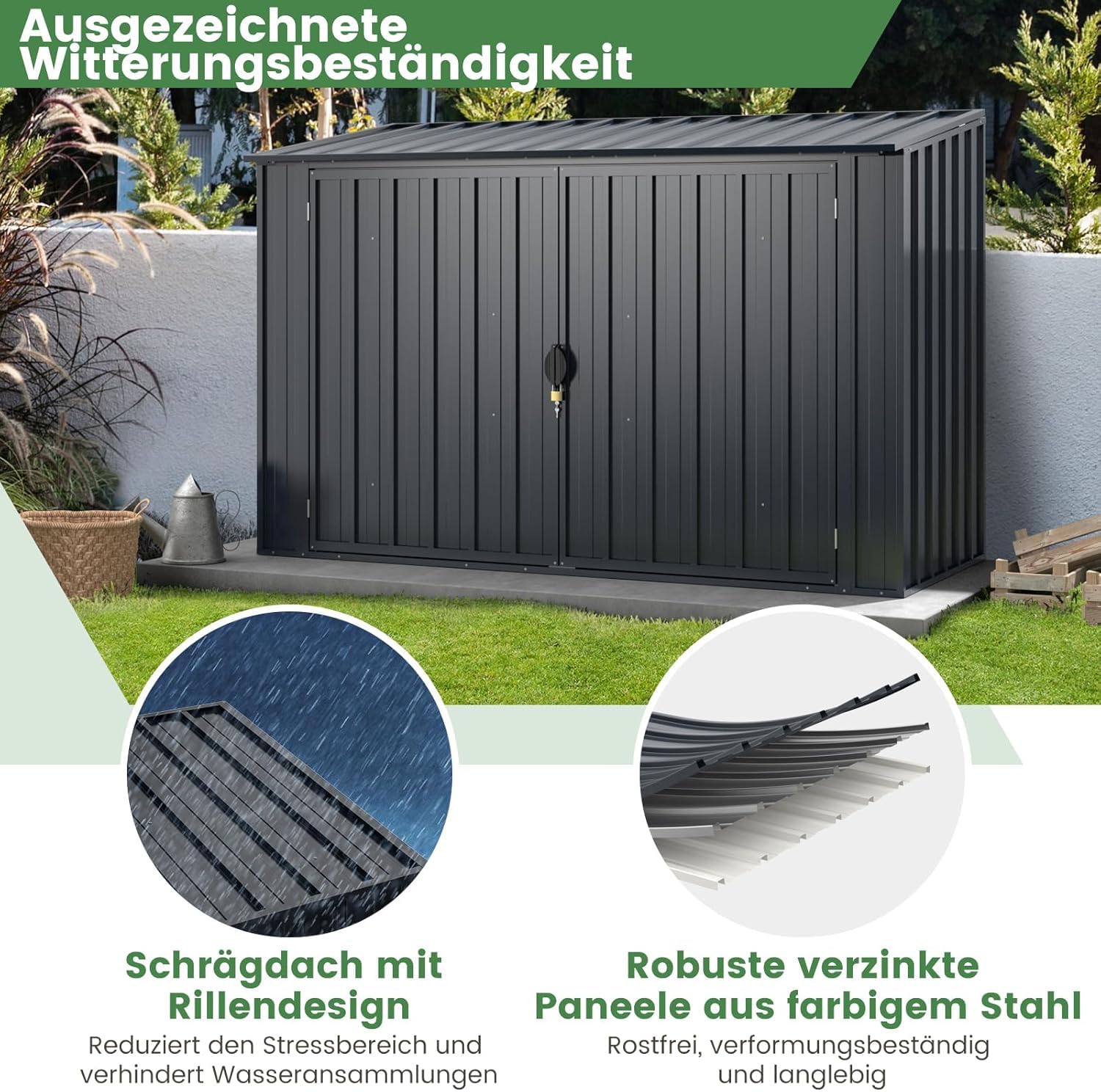 RELAX4LIFE Metall Gerätehaus, 193 x 86 x 127 cm, Gartengerätehaus Outdoor mit abschließbaren Türen, Wetterfester Geräteschuppen für Mülltonnen, Werkzeuge, Fahrrad, Gartenhaus 1,9m³, Anthrazit