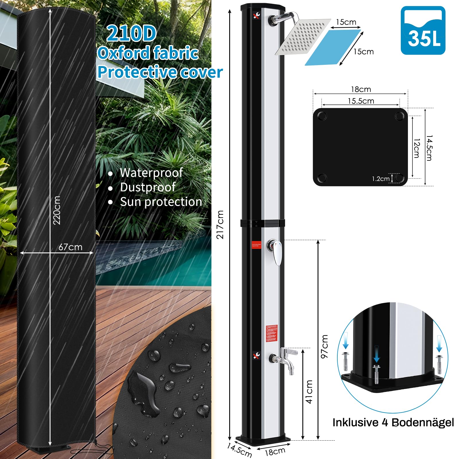 Solardusche, Solar Gartendusche 35 Liter inkl. 360° Duschkopf, Wasserhahn, Gartenschlauch-Anschluss & Schutzhaube, 4PCS Bodennägel, Pooldusche Camping, warmes Wasser, bis 60°C, ohne Stromanschluss