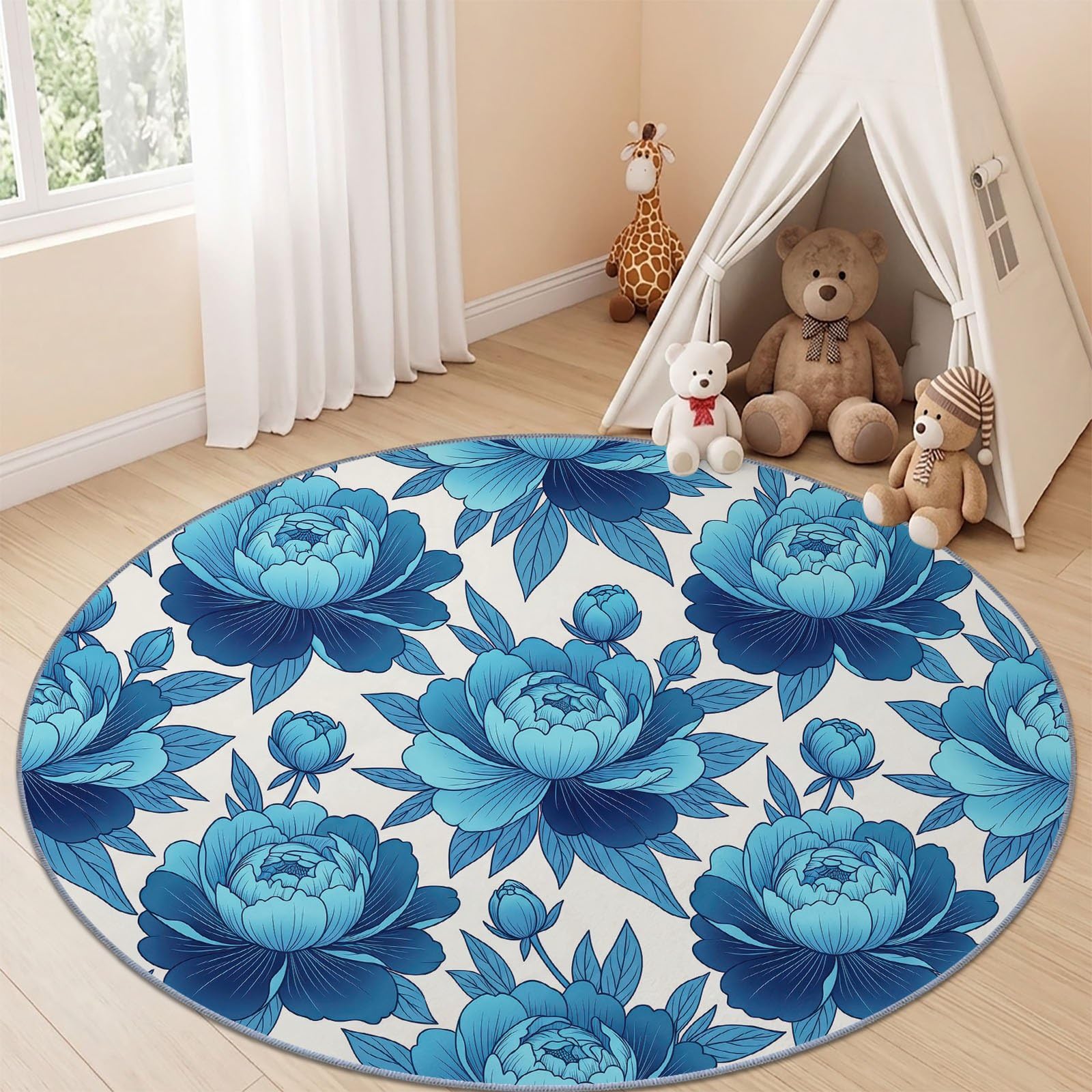 Tapis Rond Francais Campagne 120 cm, Pivoine Fleurs Feuilles Boutons Lavable en Machine pour Salon, Bleu Blanc Antidérapant, Poil Court Tapis Rond Imprimé pour Chambre d’Enfant Nurserie