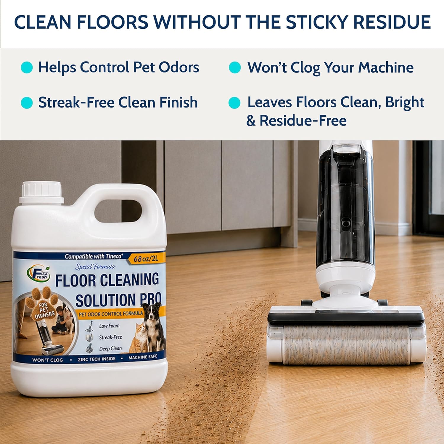 Floor Cleaning Solution Refill Compatible with Tineco, 68 fl oz Unscented, Pet Urine Odor, Robot Vacuum Mop, Cordless Wet/Dry Vacuum Mop, iFLOOR Series, FLOOR ONE S3/S5/S6/S7/S9