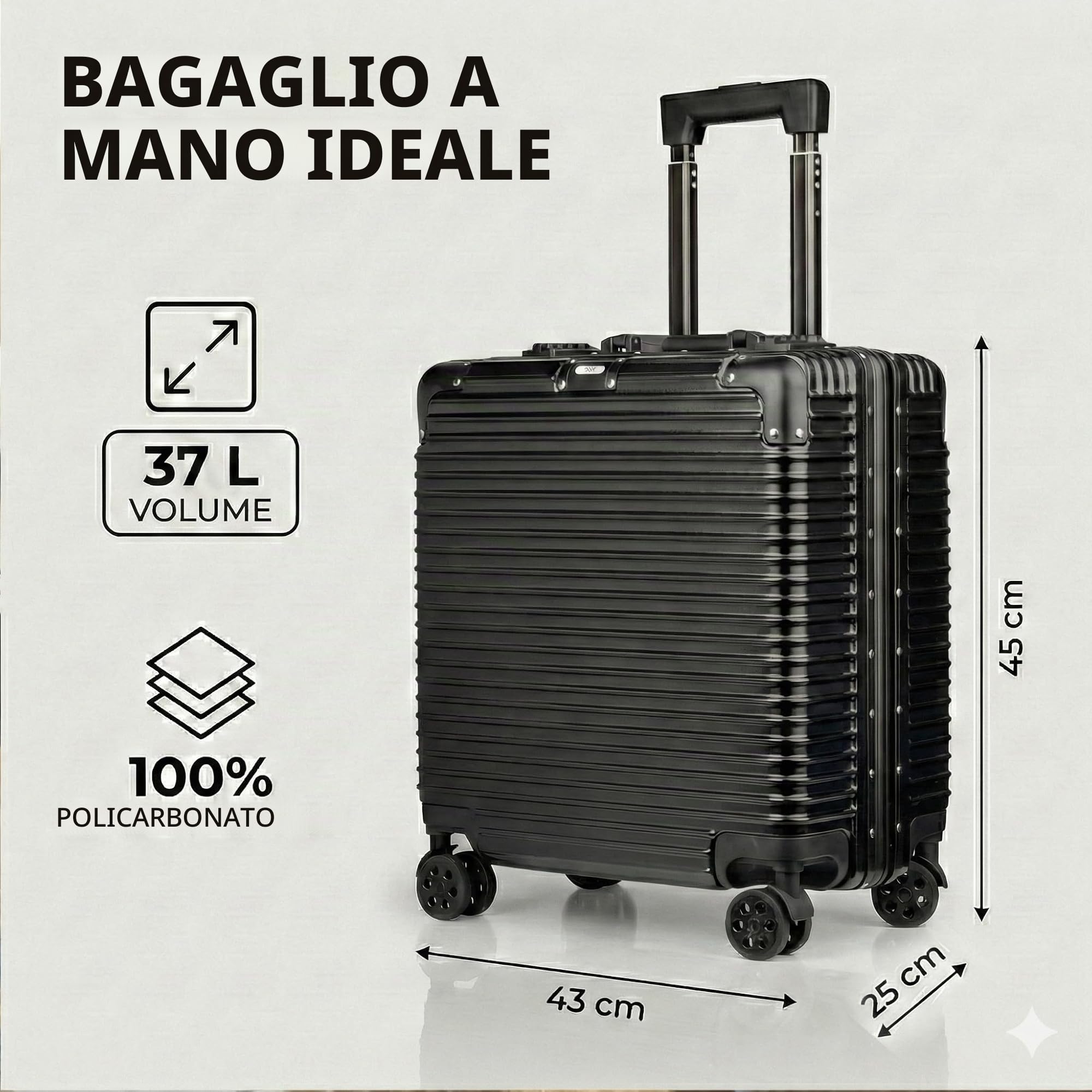 po POSH Valigia pilota - Trolley business 37L 45x43x25 cm policarbonato- Bagaglio a mano telaio in alluminio e chiusura a scatto - Lucchetto TSA, con 4 ruote