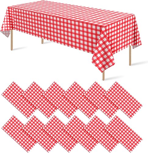Paquete de 12 manteles de plástico a cuadros rojos y blancos, decorativos de alta calidad, desechables, para fiestas, manteles rectangulares para