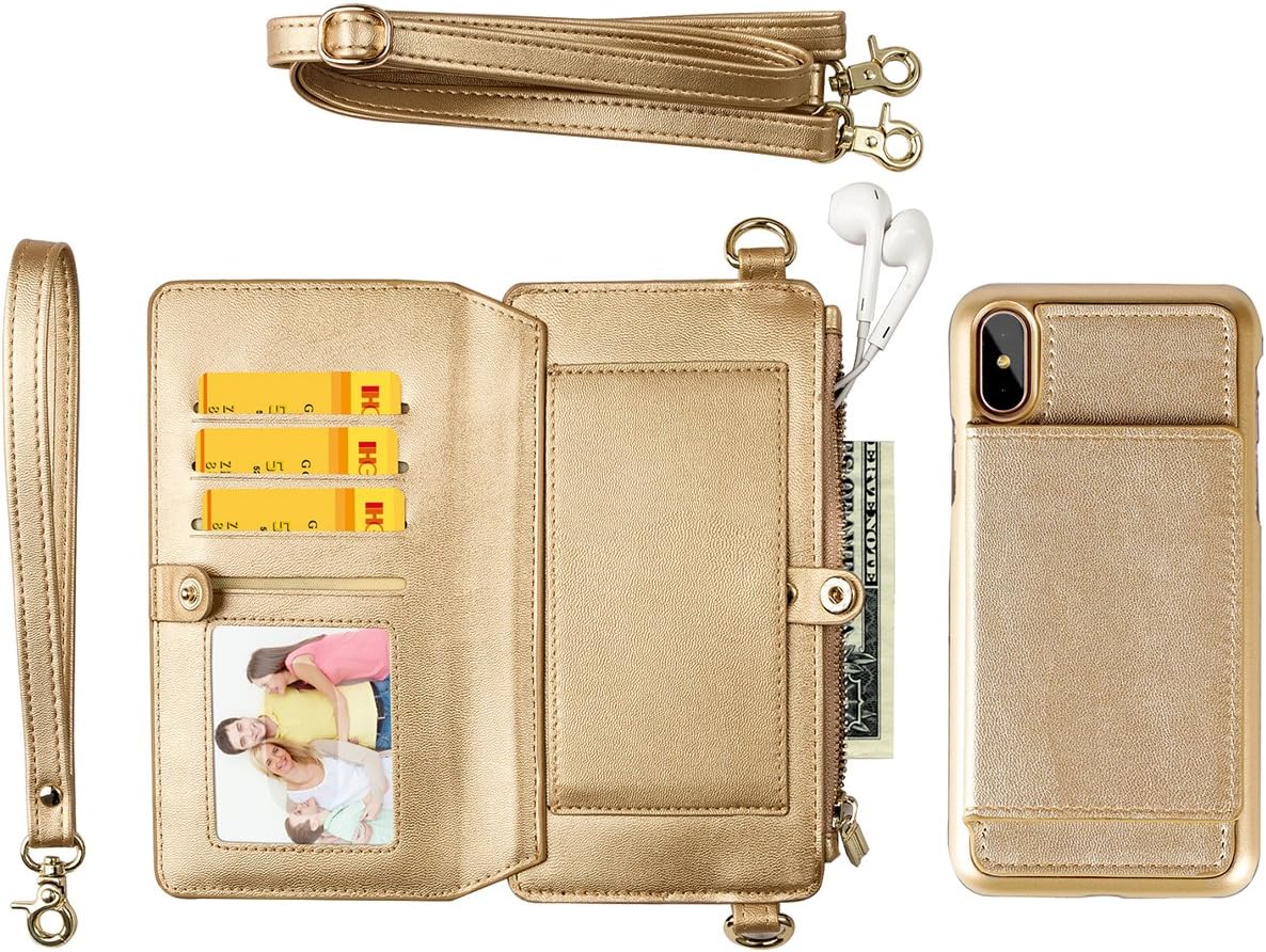 KelaSip iPhone XR case（Golden） Women Hand Rope and Shoulder Rope Leather Zipper Wallet Case Card/Cash Slot with Detachable