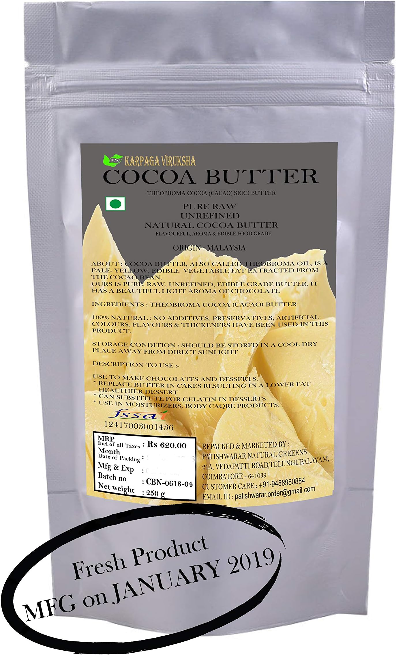 Karpaga Viruksha Food Grade Pure Natural Raw Unrefined Cocoa Butter,250g