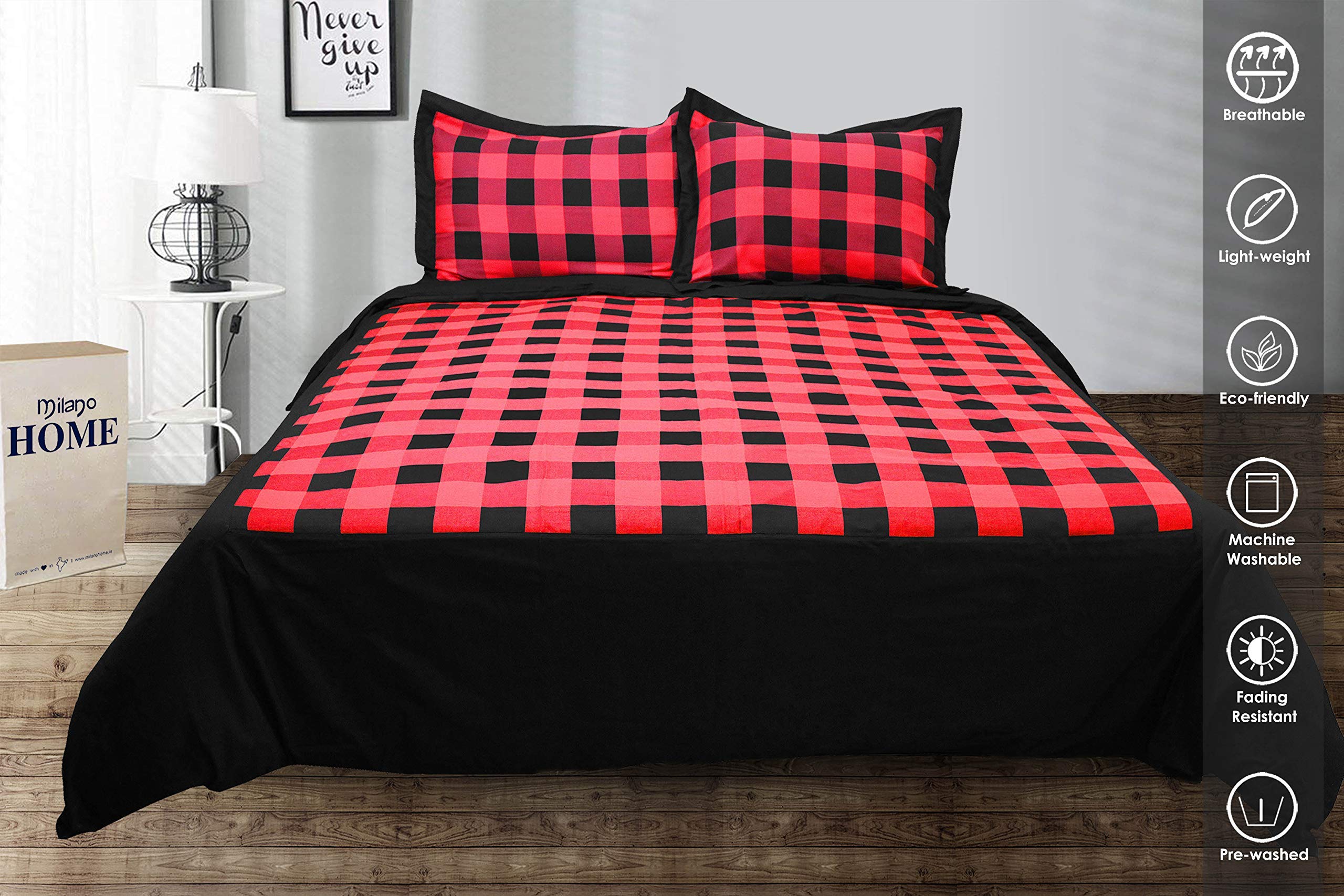 Milano Home Buffalo Checks 100% Natural Cotton 3 pc Checkered Duvet Cover Set, Modern Style Bedding Soft Feel Hidden Buttons - Queen (Black & Red)