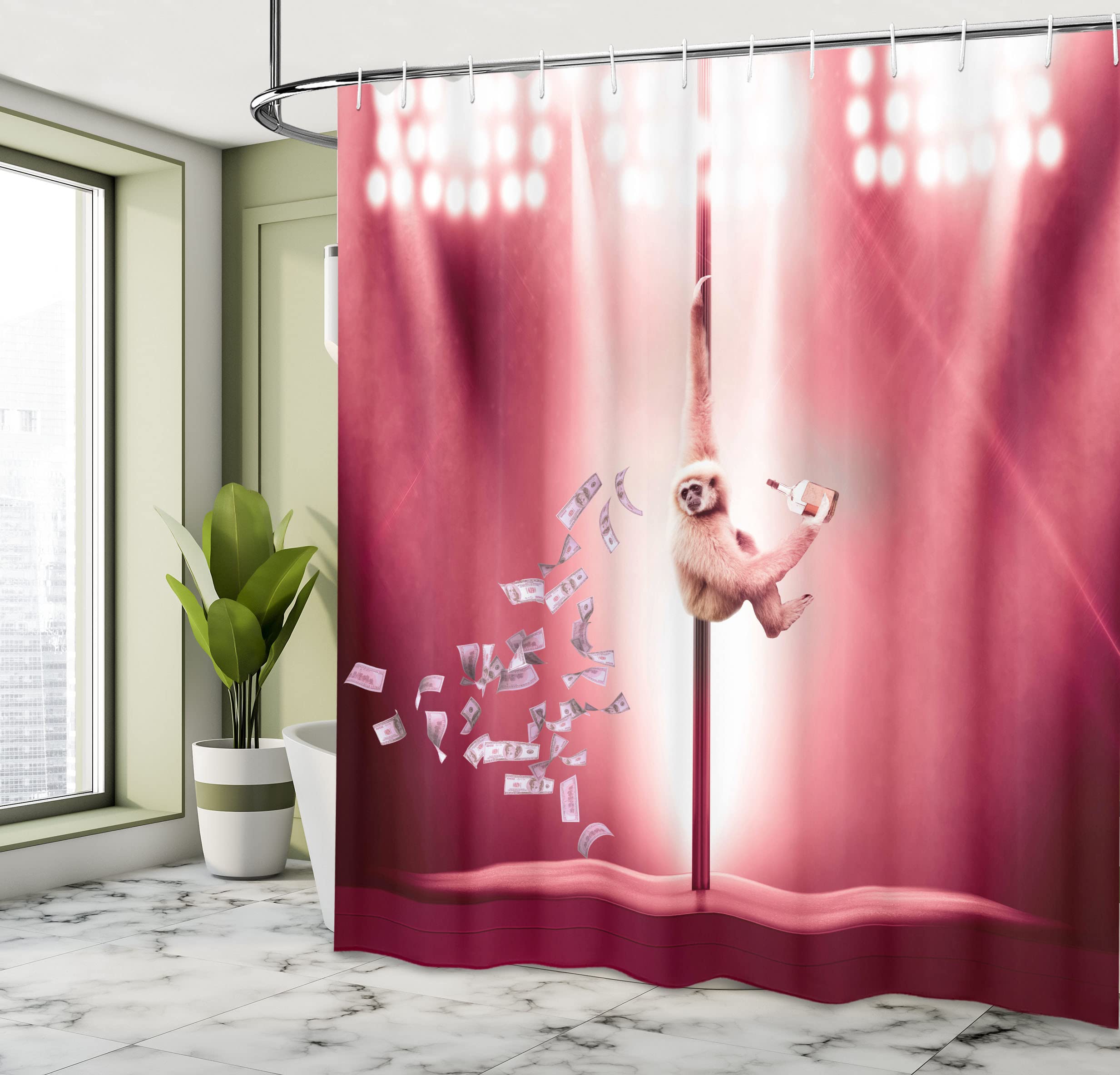 ABAKUHAUS Funny Shower Curtain, Monkey on a Pole Whiskey Pastel Colored Composition Whimsical Motif - Image 4