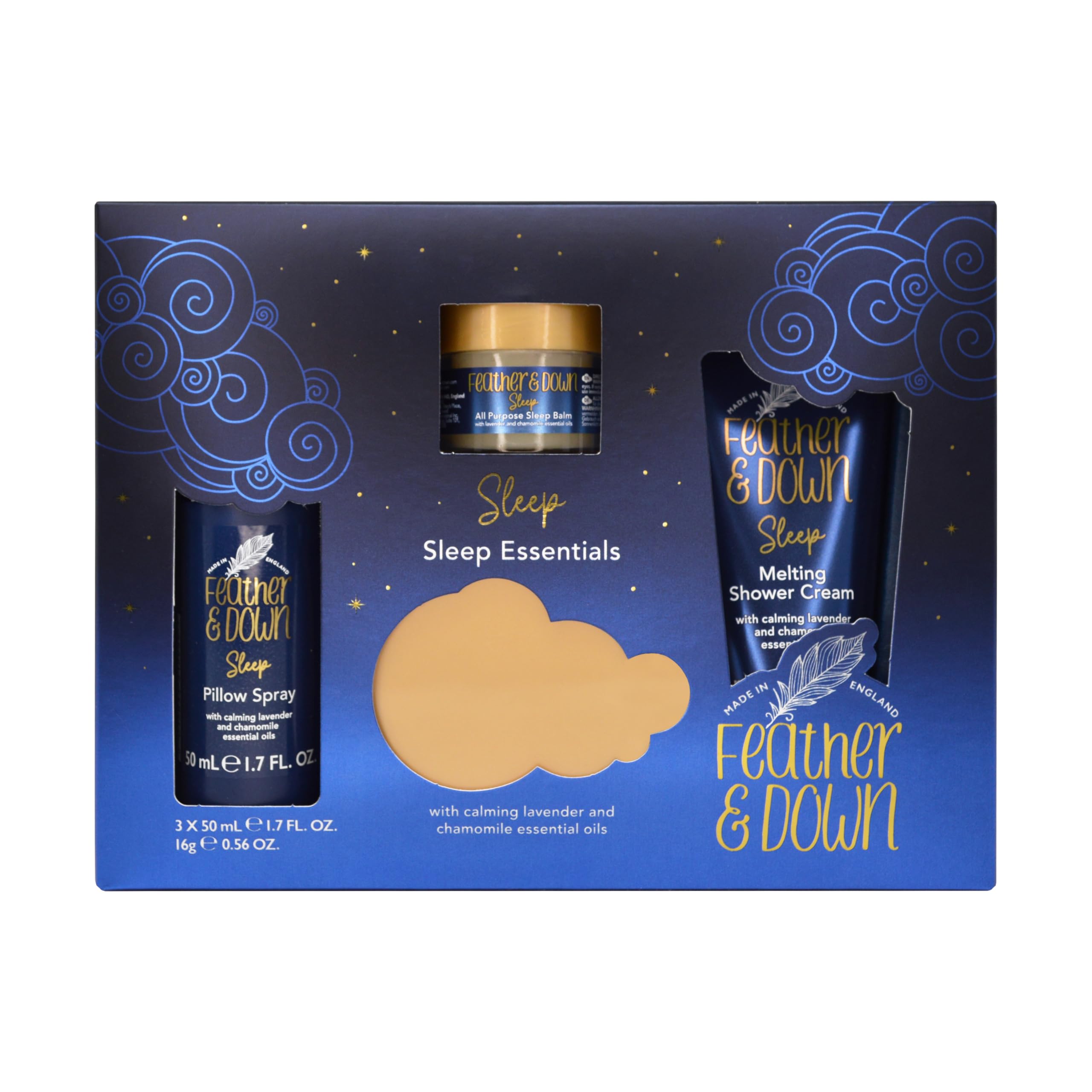 Feather & Down Sweet Dream Sleep Essentials Gift Set (50ml Pillow Spray, 50ml Melting Shower Cream, 16g All-Purpose Sleep Balm & 50ml Sleep Butter) - Cruelty Free & Vegan Friendly.