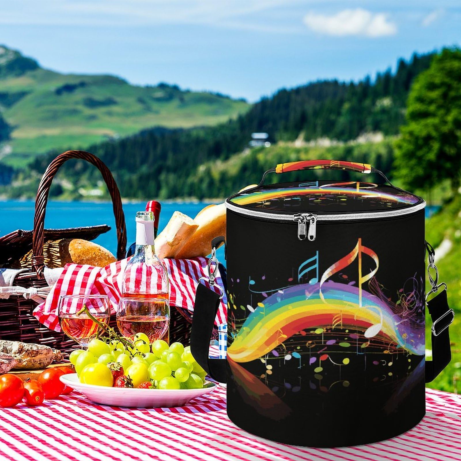 Borsa termica morbida con melodia di note musicali arcobaleno, multi-tasca, borsa da spiaggia isolata a prova di perdite, pieghevole, per spiaggia, viaggi, lavoro