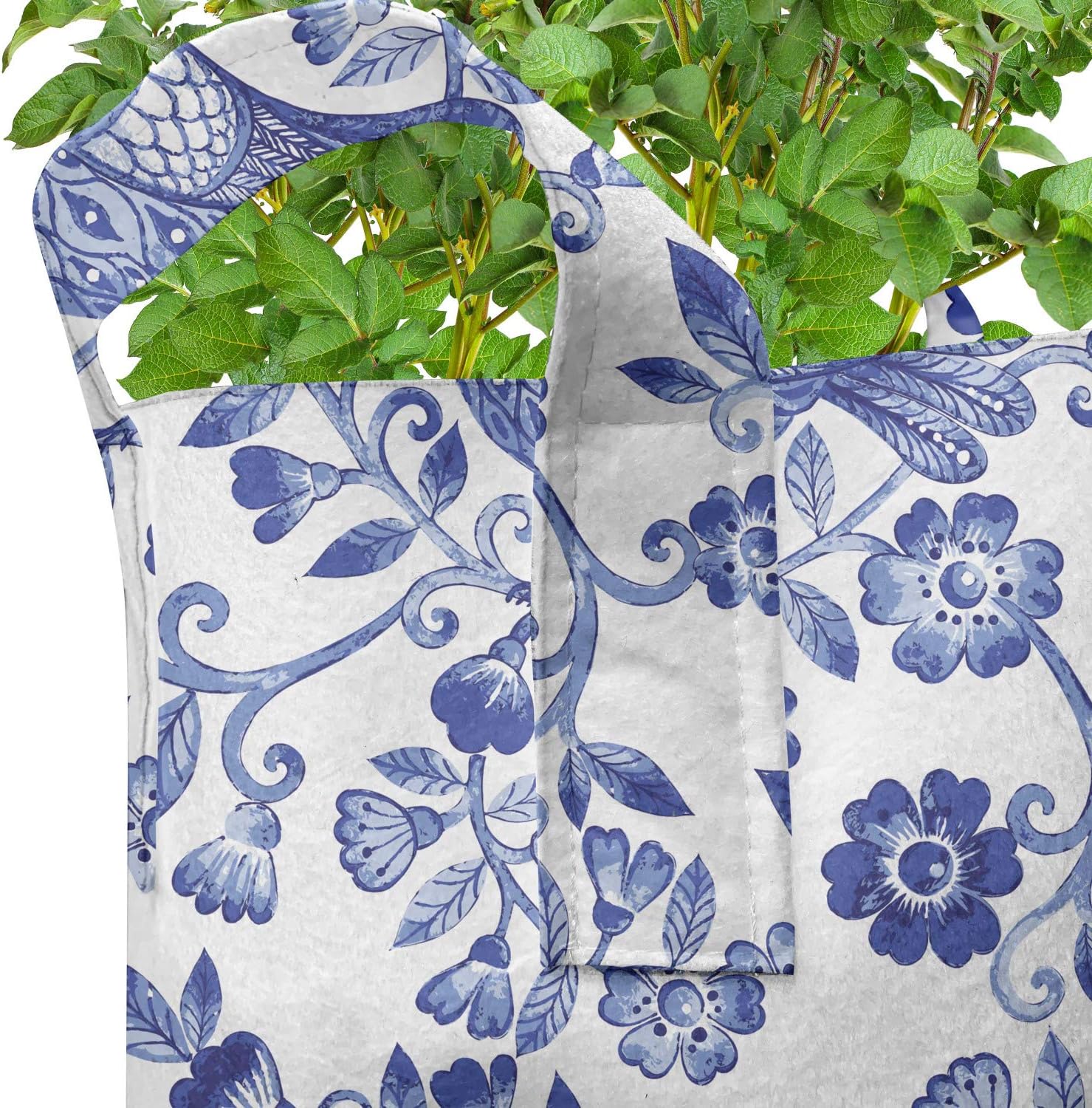 Lunarable Floral Grow Bags 5-Pack, Flower and Bird Composition, Heavyduty Fabric Pots with Handles for Plants, 7 Gallon, Blue and White