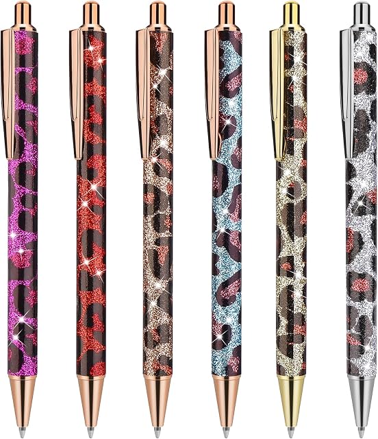 cobee Bling Metal Pens, 6pcs Click Retractable Ballpoint Pens, 1.0mm Black Ink Ballpoint Pens, Metal Glitter Ballpoint Pens for Men, Women, School, Office, Home, Drawing(Leopard Print)