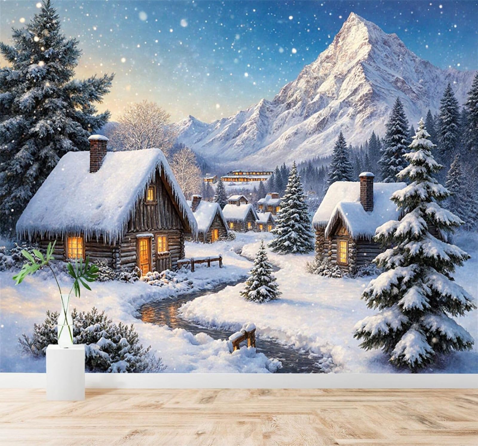 Xlming 400Cm×280Cm(B×H) Snowy Mountain Village Scenery Log Cabin Pine Trees Mountain Peaks Winter Scenery 3D Wallpaper Premium Textured Silk Study Dining Living Room Bedroom Sofa Tv Wall Easy Install-400Cm×280Cm