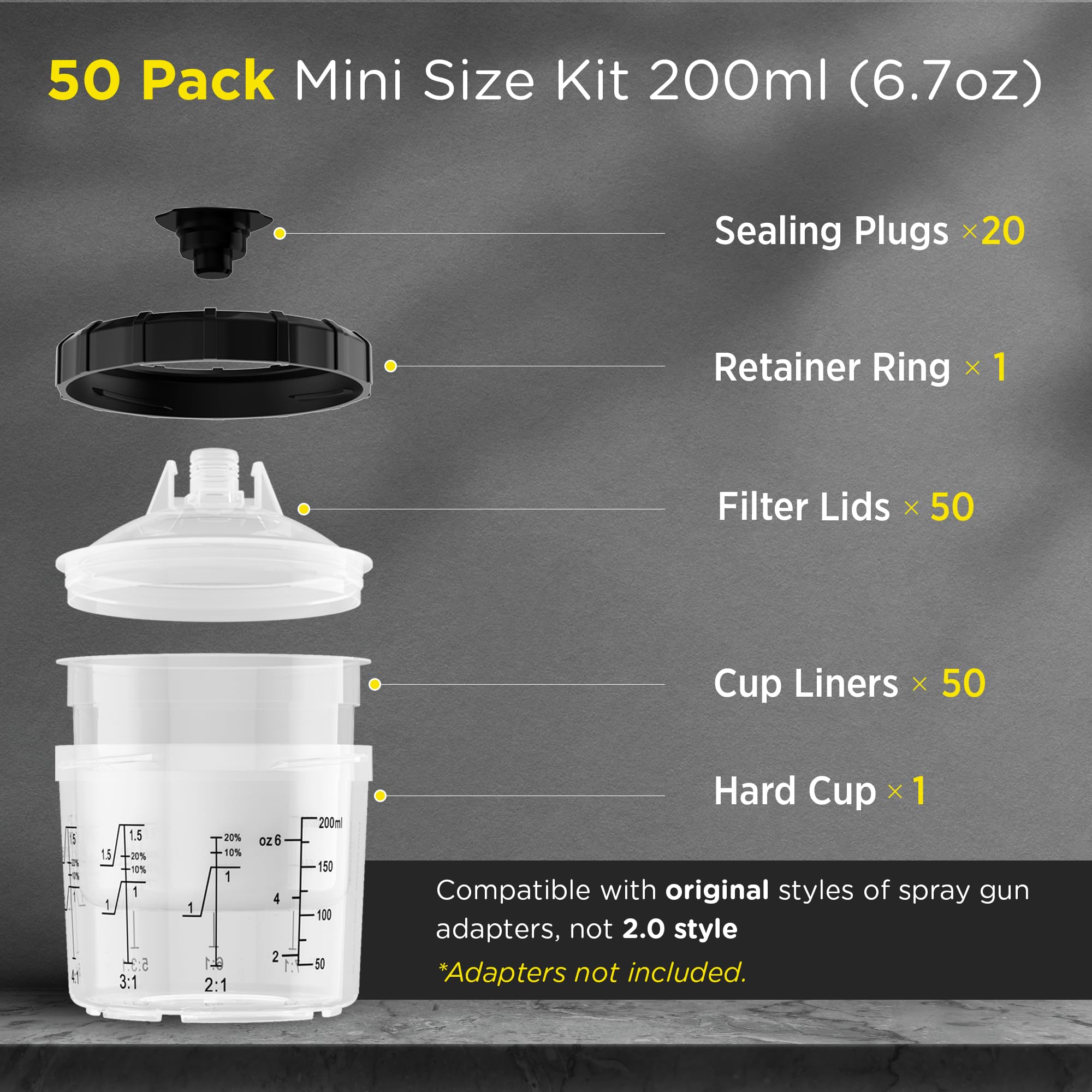 Jednorazowy pistolet natryskowy, system malowania do pistoletu do malowania HVLP i LVLP, mini zestaw 170 ml (200 ml) z 50 kubkami i systemem pokrywek, 1 twardy kubek z pierścieniem ustalającym i 20