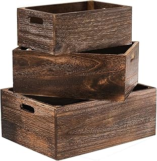 Hyuetrsa Set of 3 Wood Crate Box, Wood Nesting Storage Crates with Handle, Rustic Decorative Farmhouse Wooden Crates, Handmade Natural Solid Wooden Box for Closet Shelf and Kitchen Storage