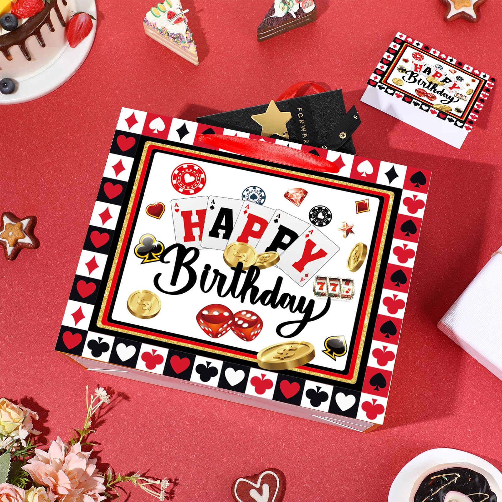 Woosytoo Casino Birthday Gift Bags with Card and Wrapping Paper Casino Party Favors Las Vegas Poker Themed Gift Bag for Men Women Christmas Casino Birthday Party Decorations Supplies