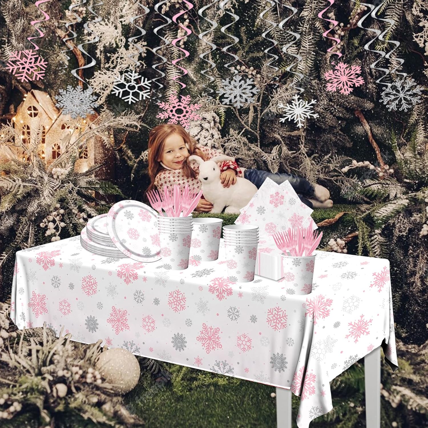 142pcs Winter Snowflake Tableware Party Decoration Winter Snowflake Pink White Wonderland Theme Disposable Spiral Banner,Tablecloth,Plates,Napkins,Cups,Forks and Knives for Christmas Party Supplies